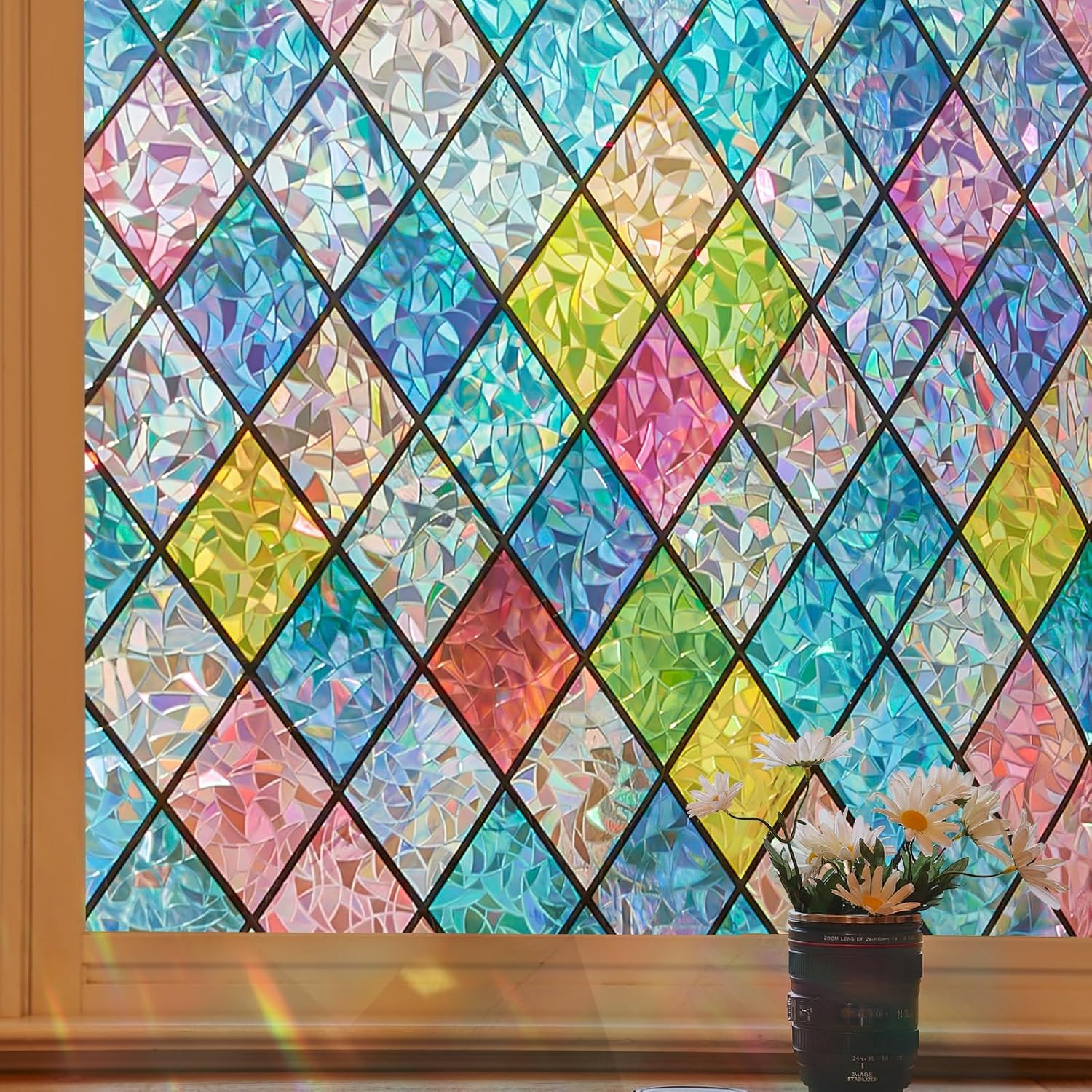 Colorful Stained Glass Window Film – 3D Rainbow Static Cling, 23.6×393.7 Inch