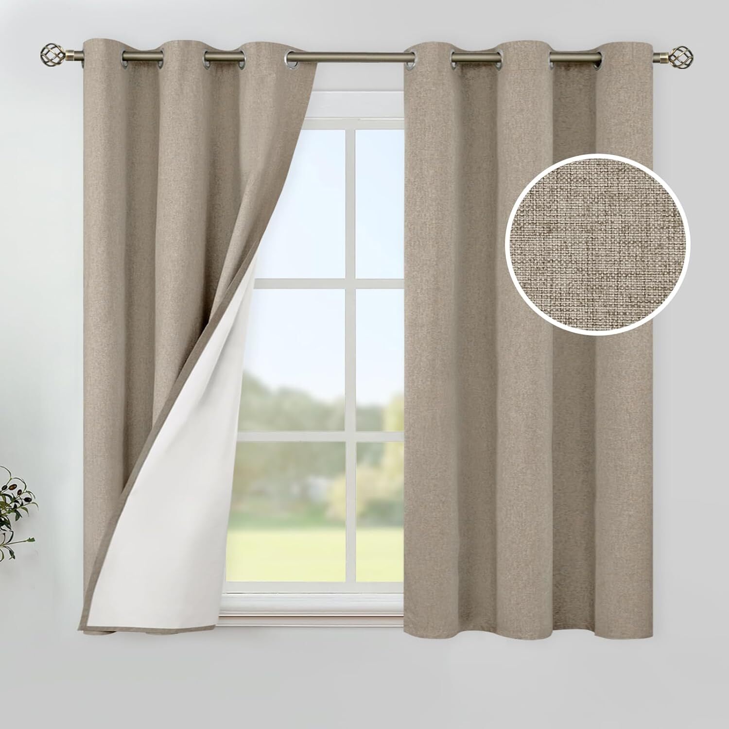 Taupe Linen Blackout Curtains for Bedroom 42 X 40 Inch, Short Drapes Thermal