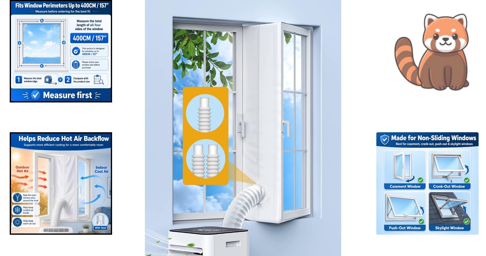 No-Drill 400CM Window Seal Kit with Adjustable Zipper for Dual Hose ACs