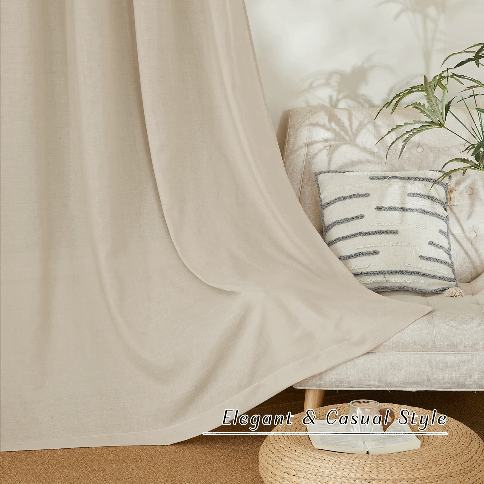 Thick Linen Blend Curtains – Semi Sheer Grommet Drapes for Living Room, 2 Panels