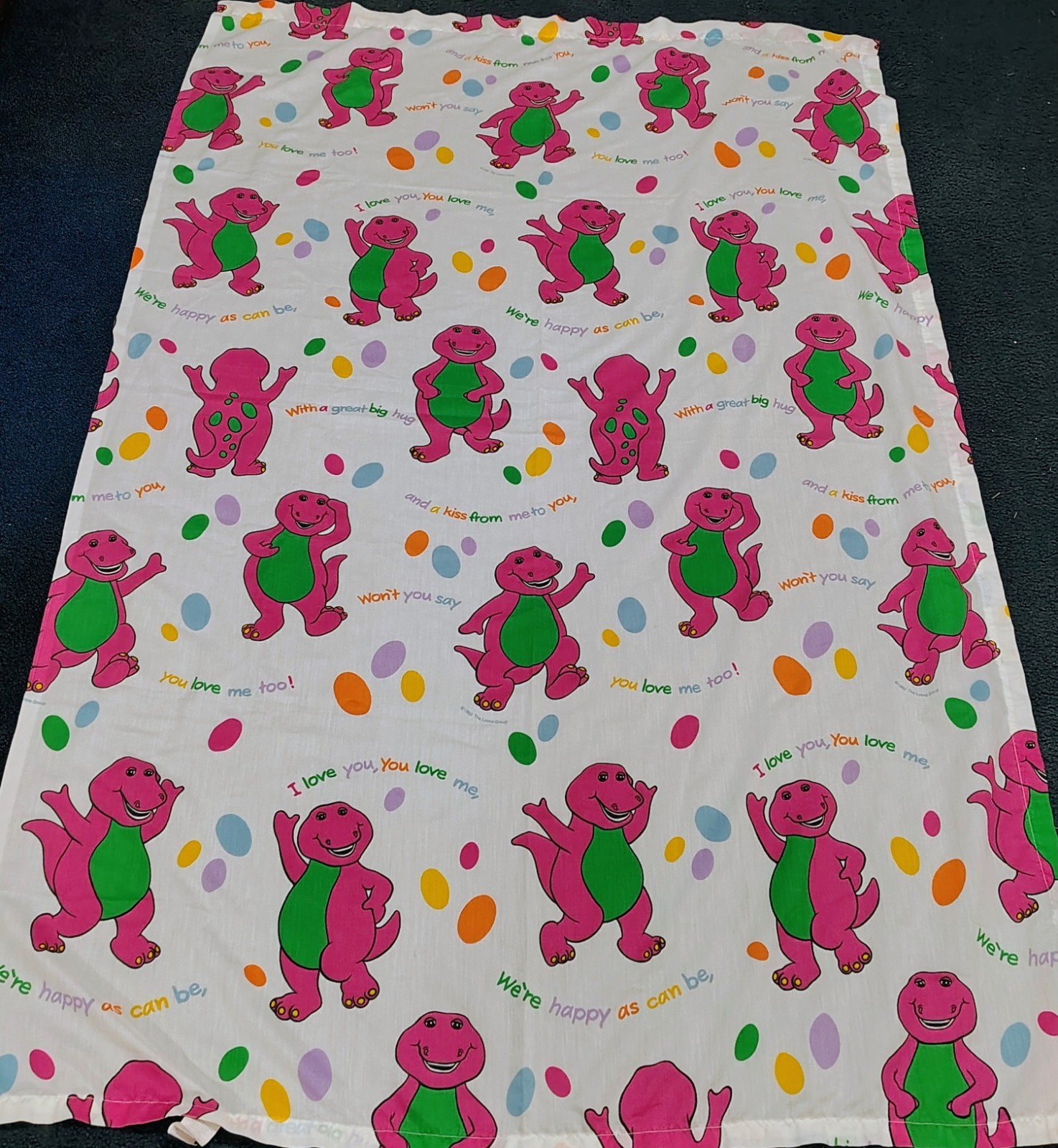 1 Vtg Barney Window Curtain Panel Purple Dinosaur Fabric 1992 I Love You