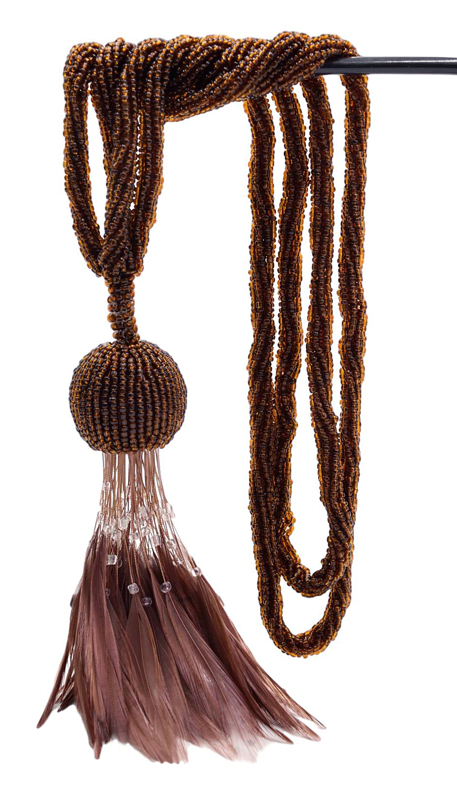 Beaded Tieback with Feather, Color# 101884 – Mocha Brown [Set of 2]