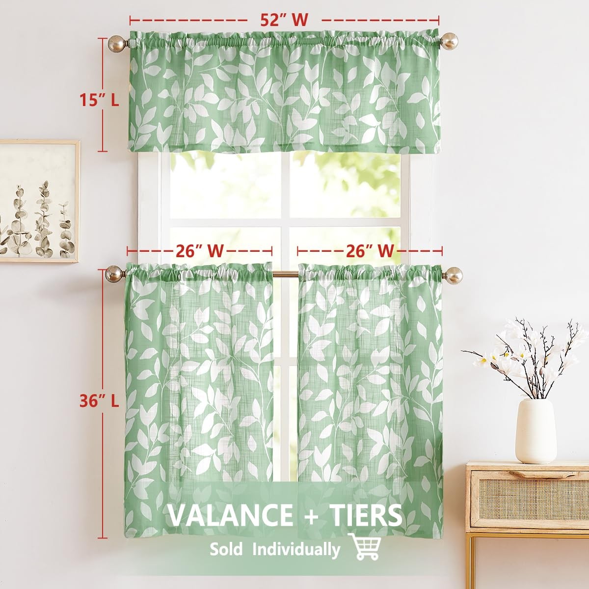 Leaf Print Valance Curtain 52″W 15″L Green White – Kitchen Window Treatment