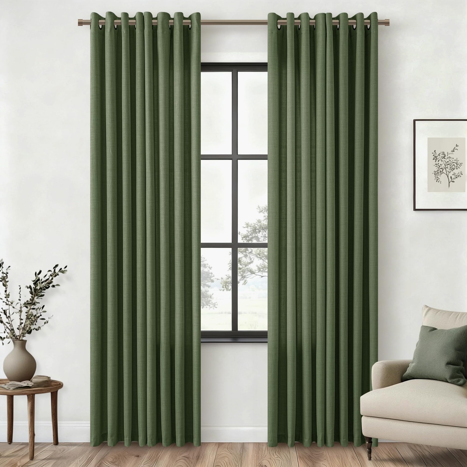 DUKIYO Dark Olive Green Curtains 84 Inch Length 2 Panels Set Linen Flax Semi …