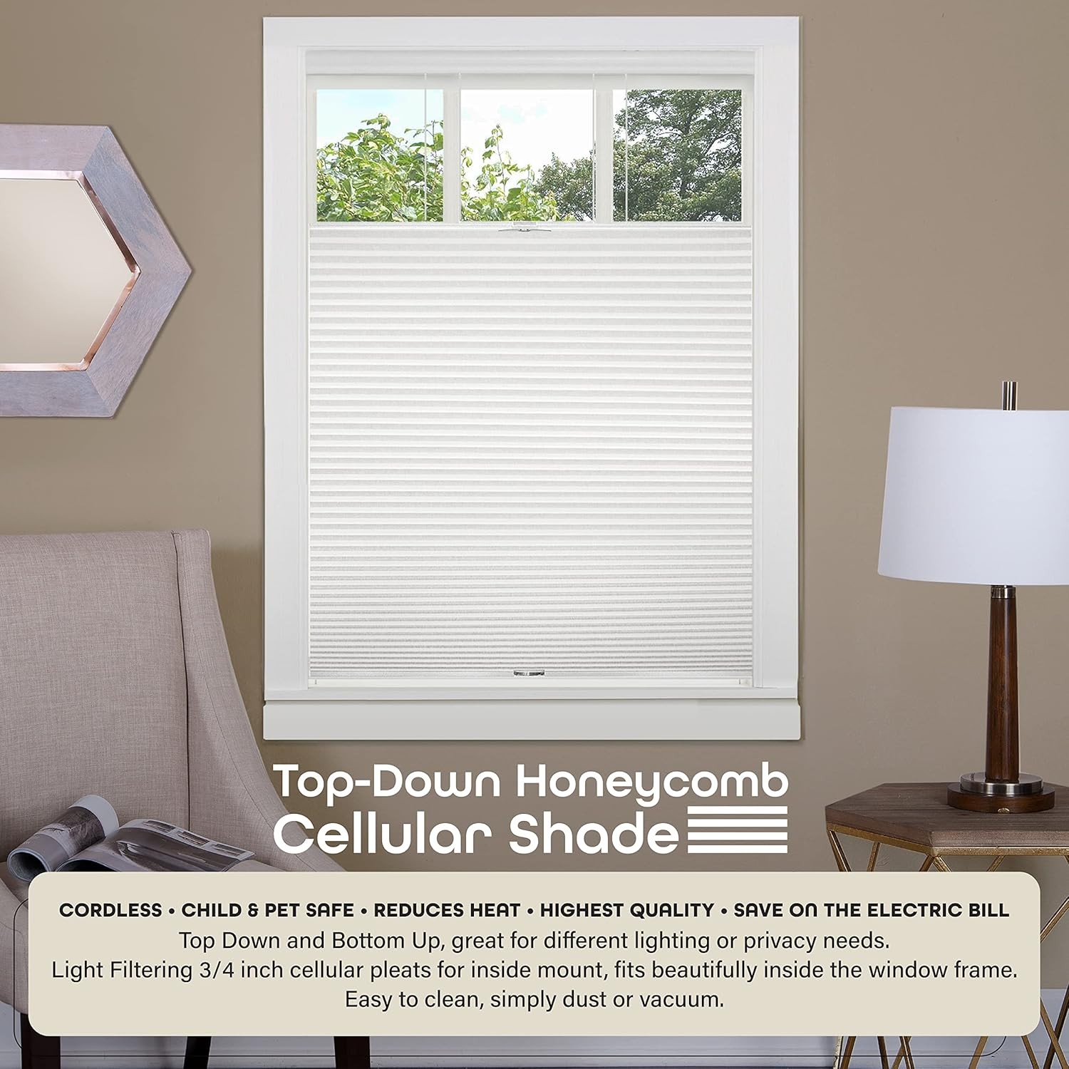 Cordless Cellular Pleated Window Shades – 35 Inch Width, 64 35W x 64H, White