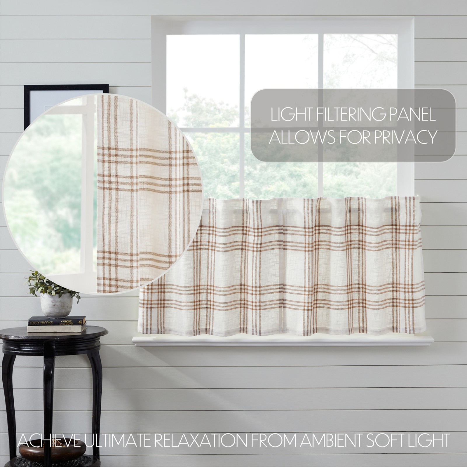 VHC Brands Farmhouse 24″x36″ Tier Pair Tan Rod Pocket Kitchen Window Curtains