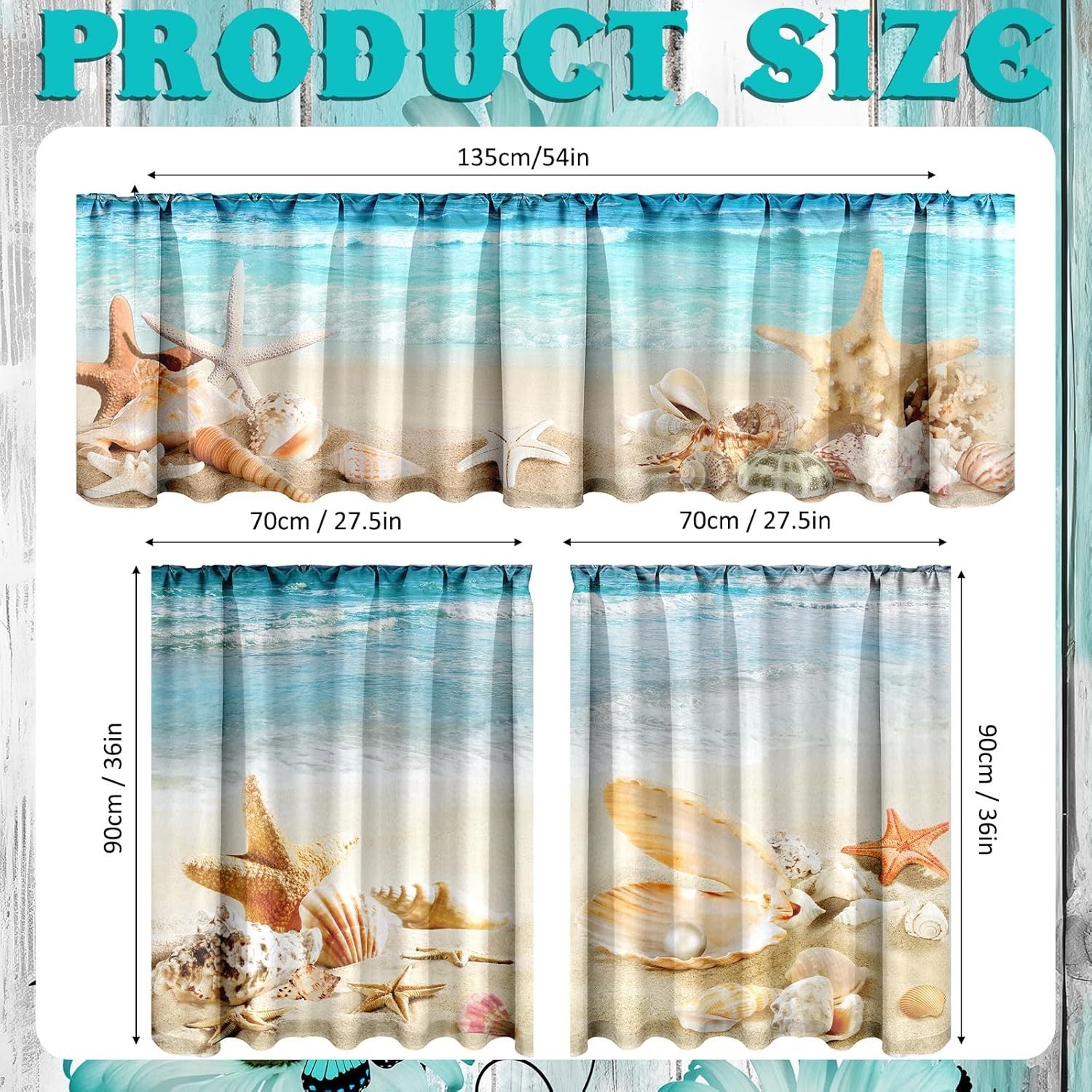 Beach Kitchen Curtains Set Coastal Starfish Shell Water Resistant Polyester