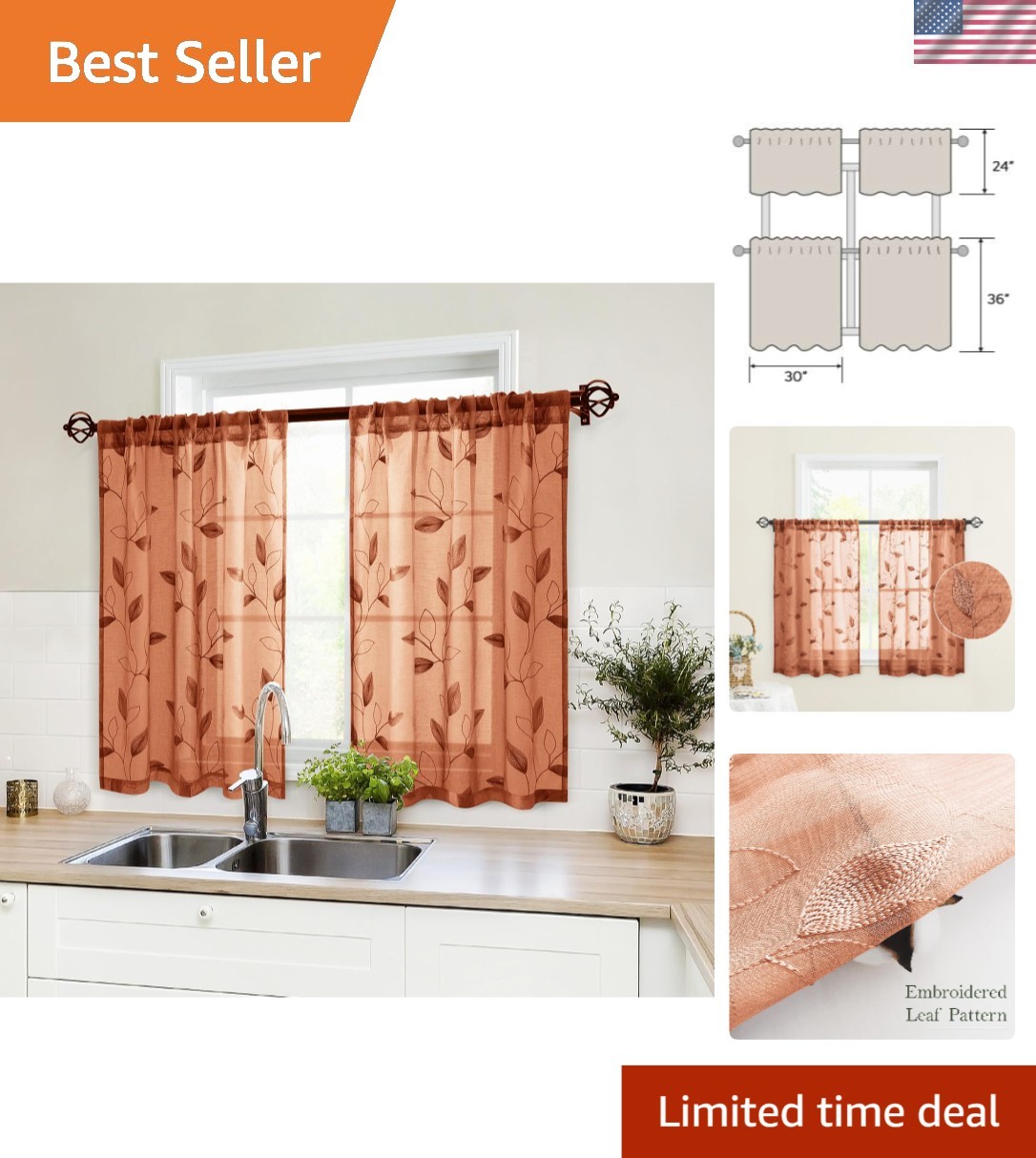 Beautiful Embroidered Leaf Burnt Orange Sheer Curtains – 30 X 36 Inch – 2 Panels