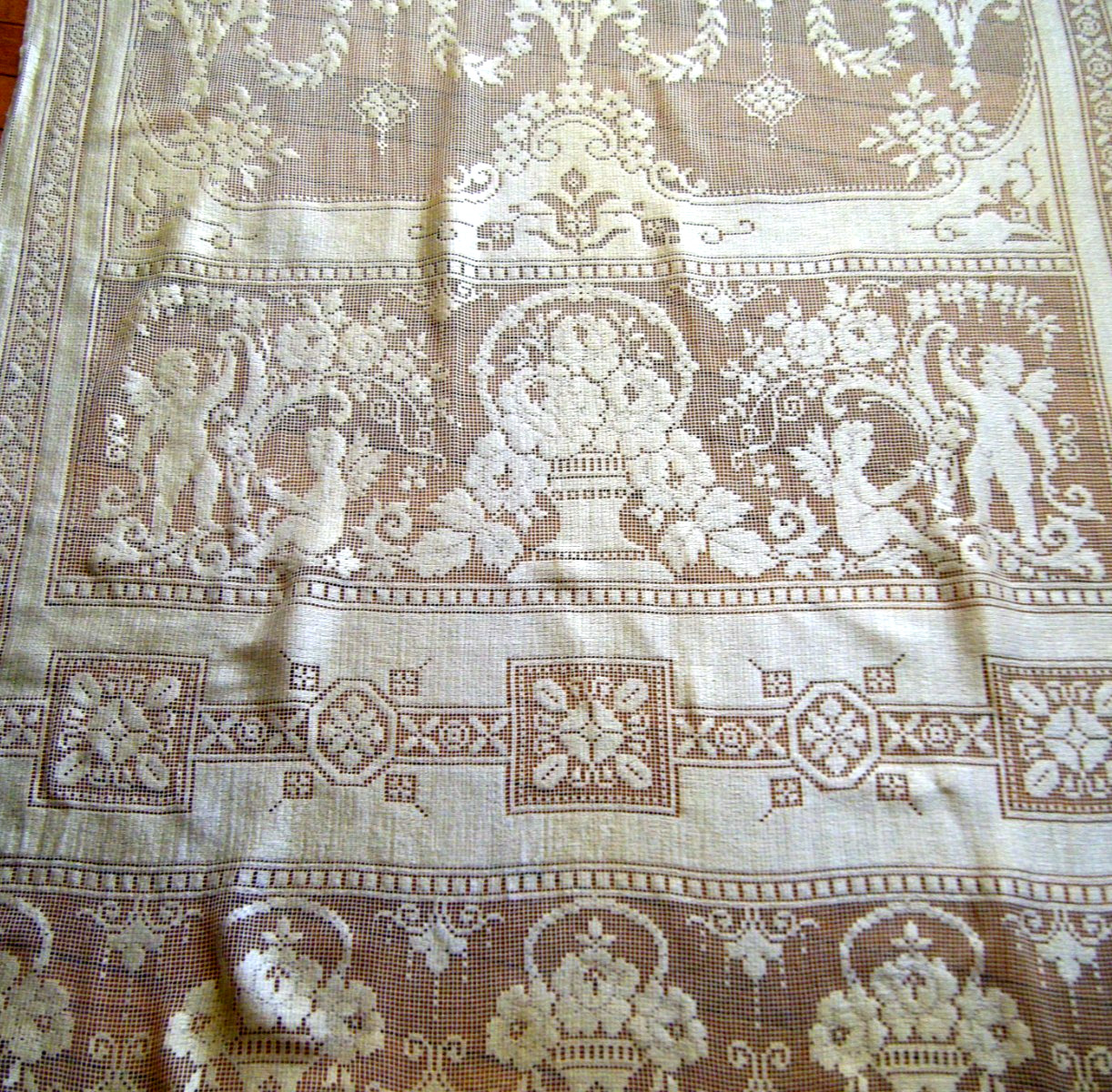 Antique 19c curtain panel darnet silk filet net cherubs flower garland fringes
