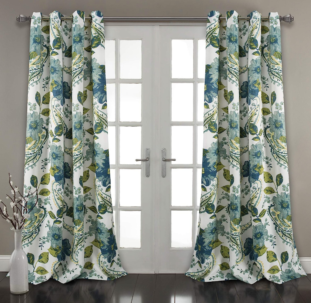 Set 2 Blue Teal Green Floral Paisley Curtains Panels 84 inch L Darkening Drapes
