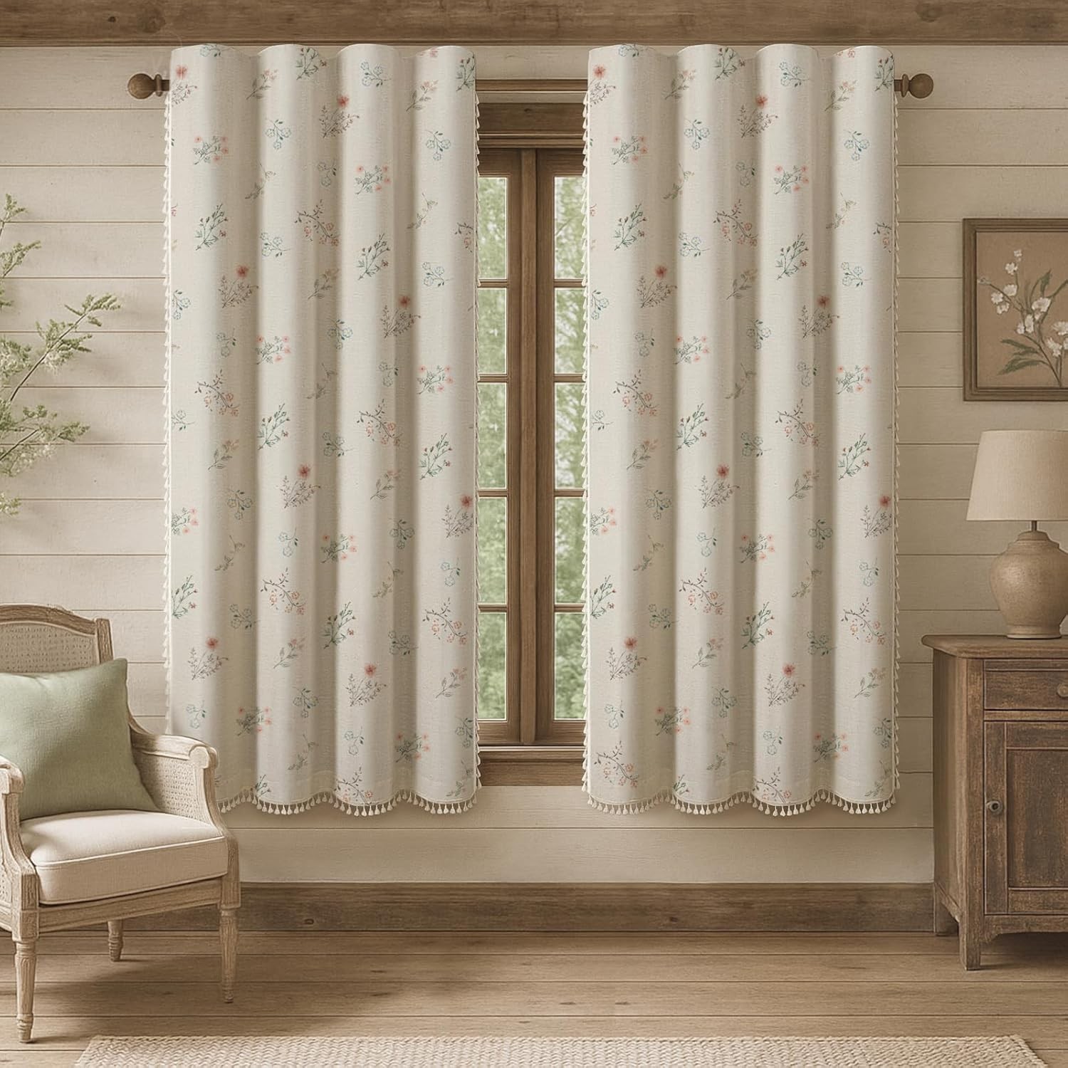 Boho Floral 100% Blackout Curtains 63 Inch Length 2 Panels Set, Linen Texture