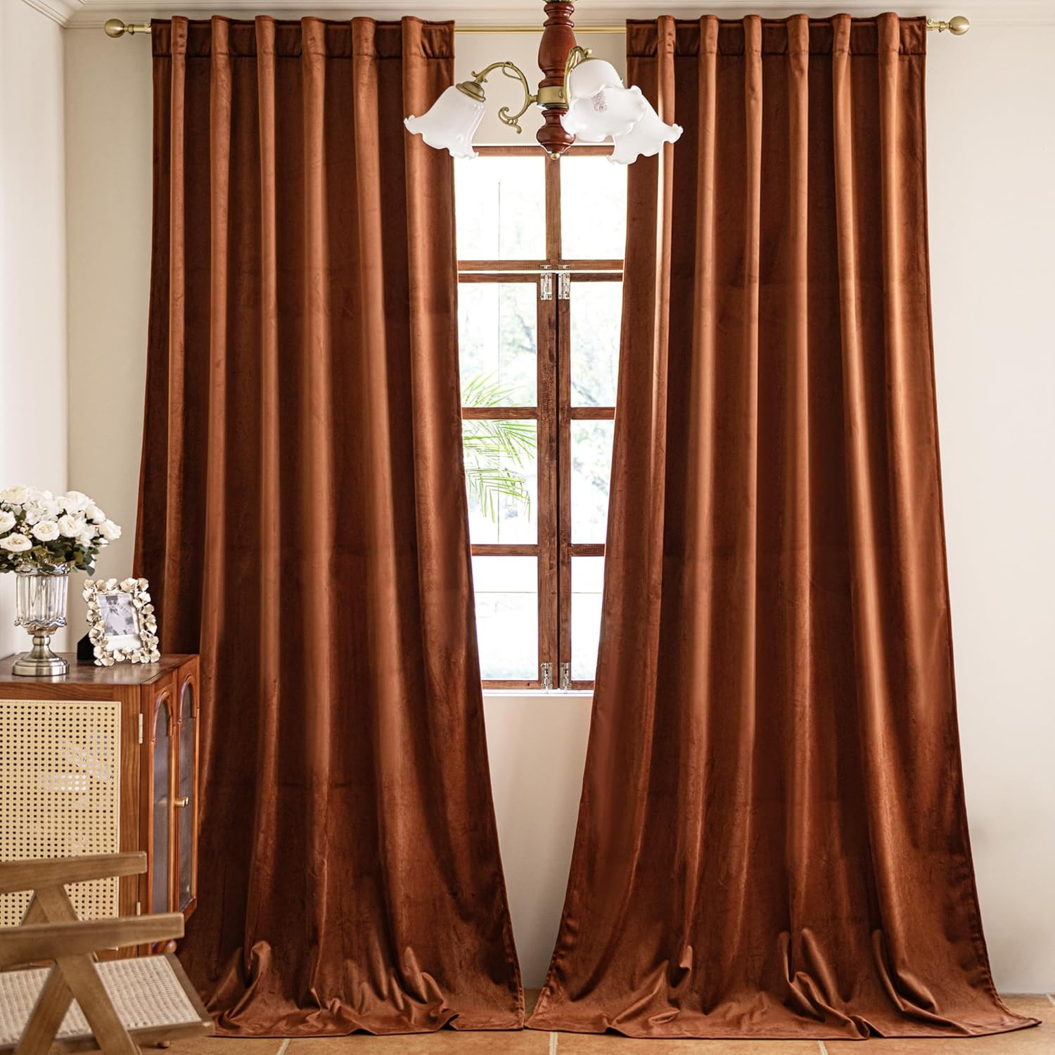 Burnt Orange Velvet Blackout Curtains, 96″ Luxury Thermal Insulated Drapes