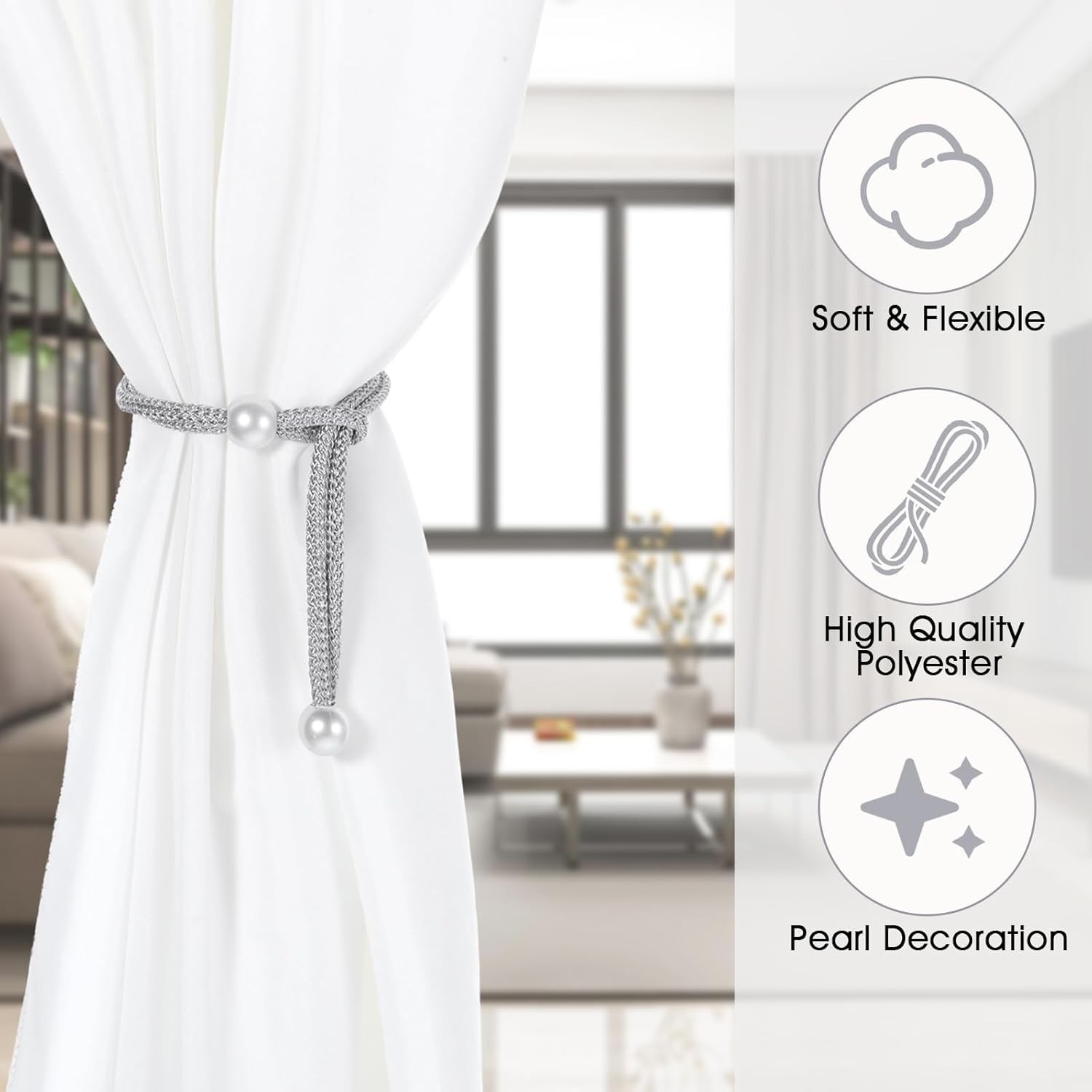 8pcs Curtain Tiebacks Adjustable Rope Tie Backs with Pearl Buckle for Drapes