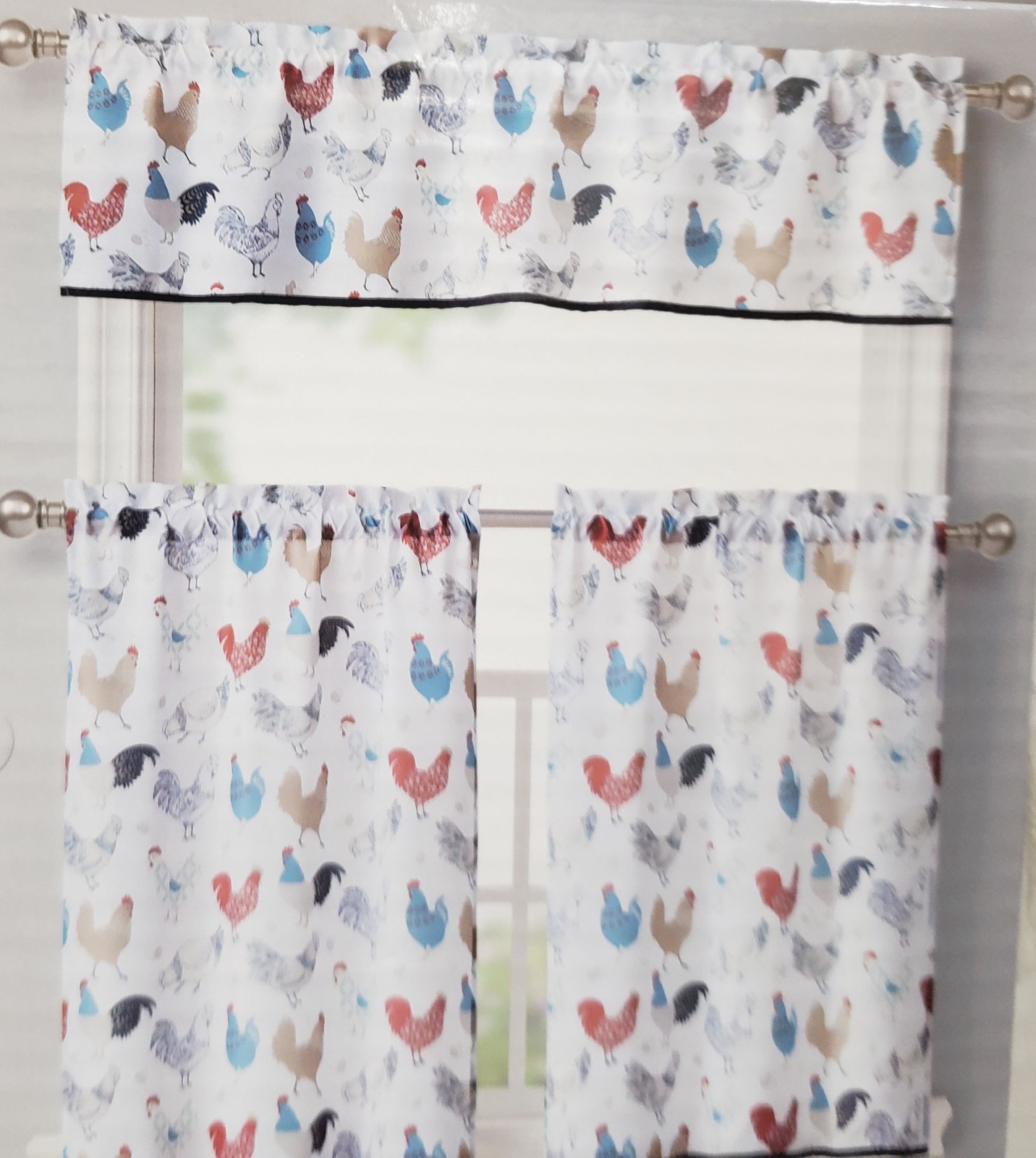 3pc Curtains Set:2 Tiers (28″x36″)& Valance (56″x15″) MULTICOLOR MODERN ROOSTERS