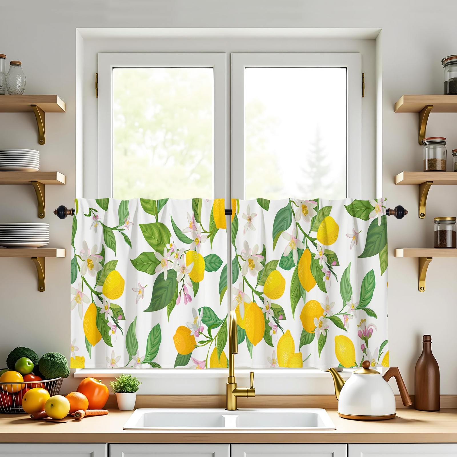 Floral Lemon Kitchen Curtains 2 Panels 24 Inch Length Cafe Short Curtains Rod…