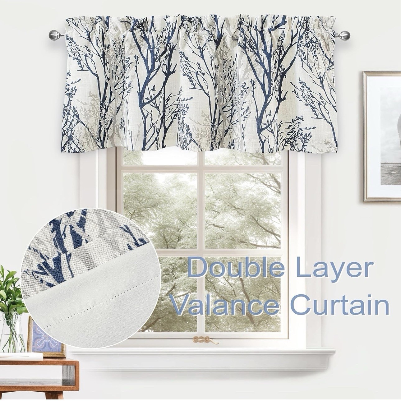 DriftAway Tree Branch Linen Blend Lined Blackout Rod Pocket Valance Blue 52 x 18