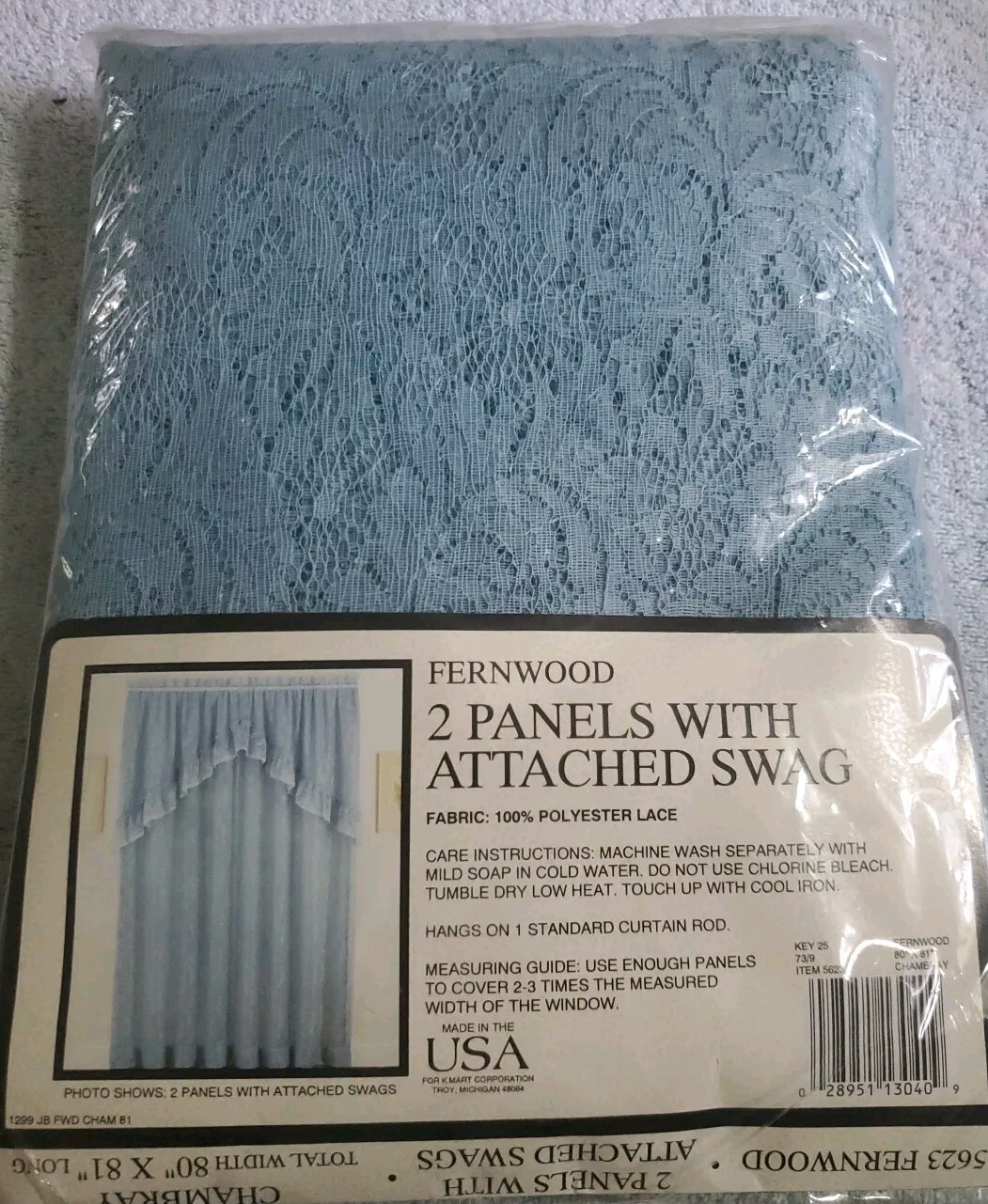 VINTAGE Fernwood Chambray Lace Window Curtain 2 Panels with attached swags NoS
