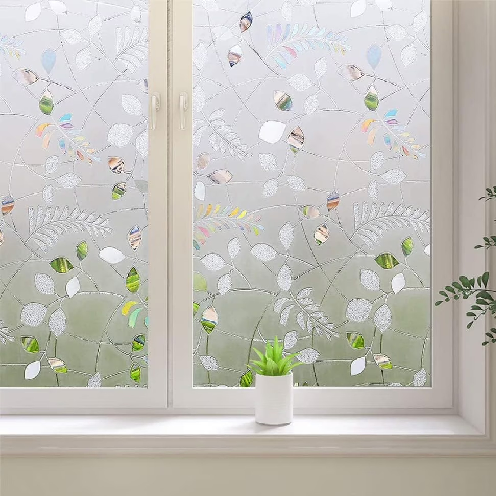 BSHAPPLUS 17.7″x78.7″ Stained Glass Window Film, 3D Leaf Frosted Privacy Film –
