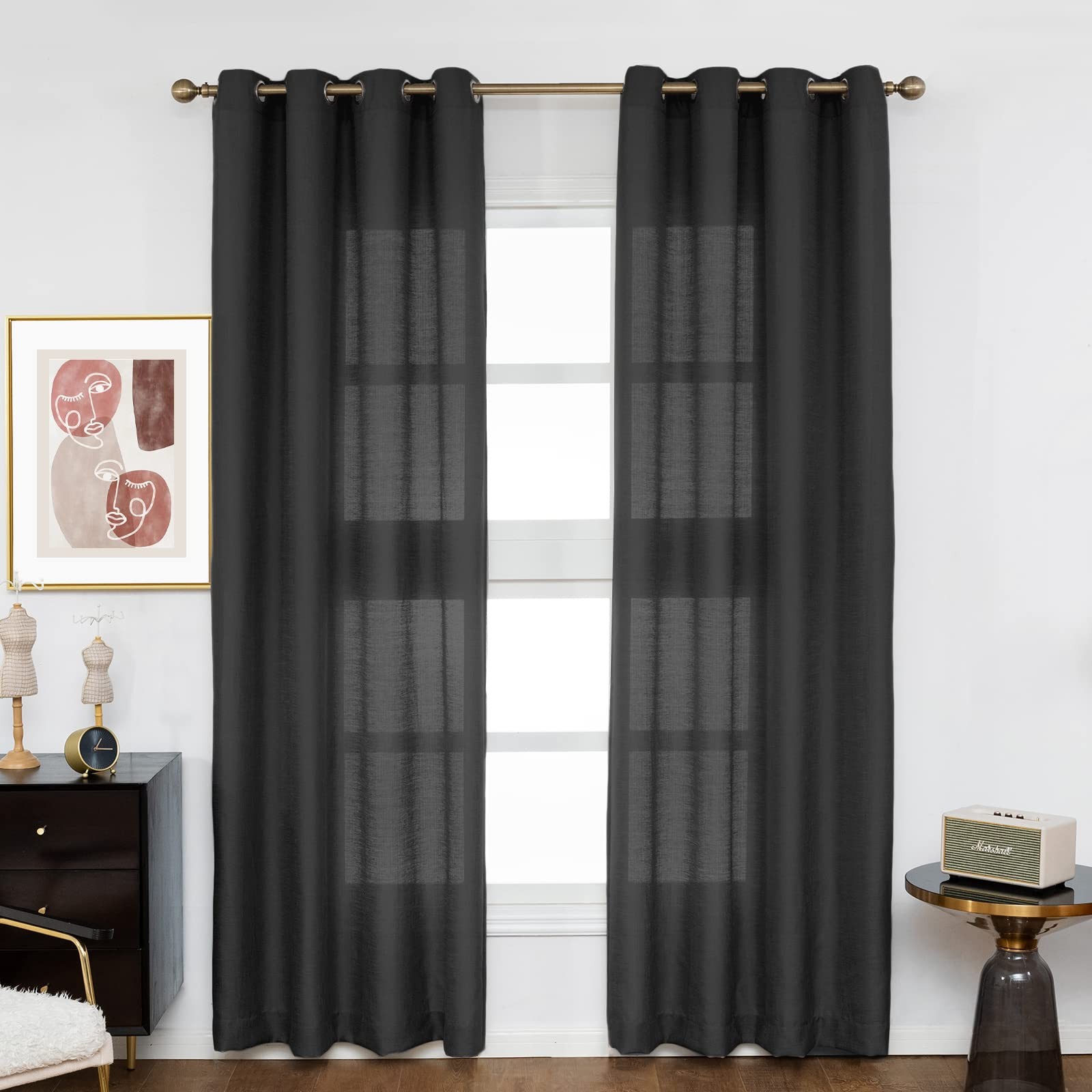 Melodieux Black Semi Sheer Curtains 84 Inches Long For Living Room Bedroom Flax