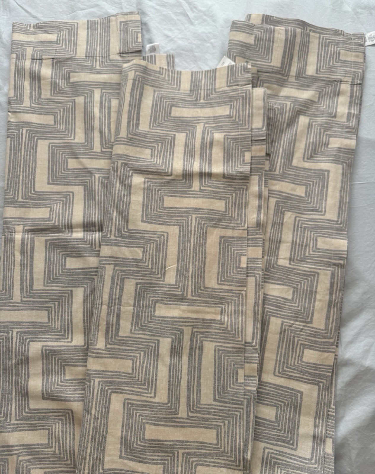 West Elm 100% Cotton Canvas Geometric Gray Beige Curtain Set 3 ~Panel 48 x 84