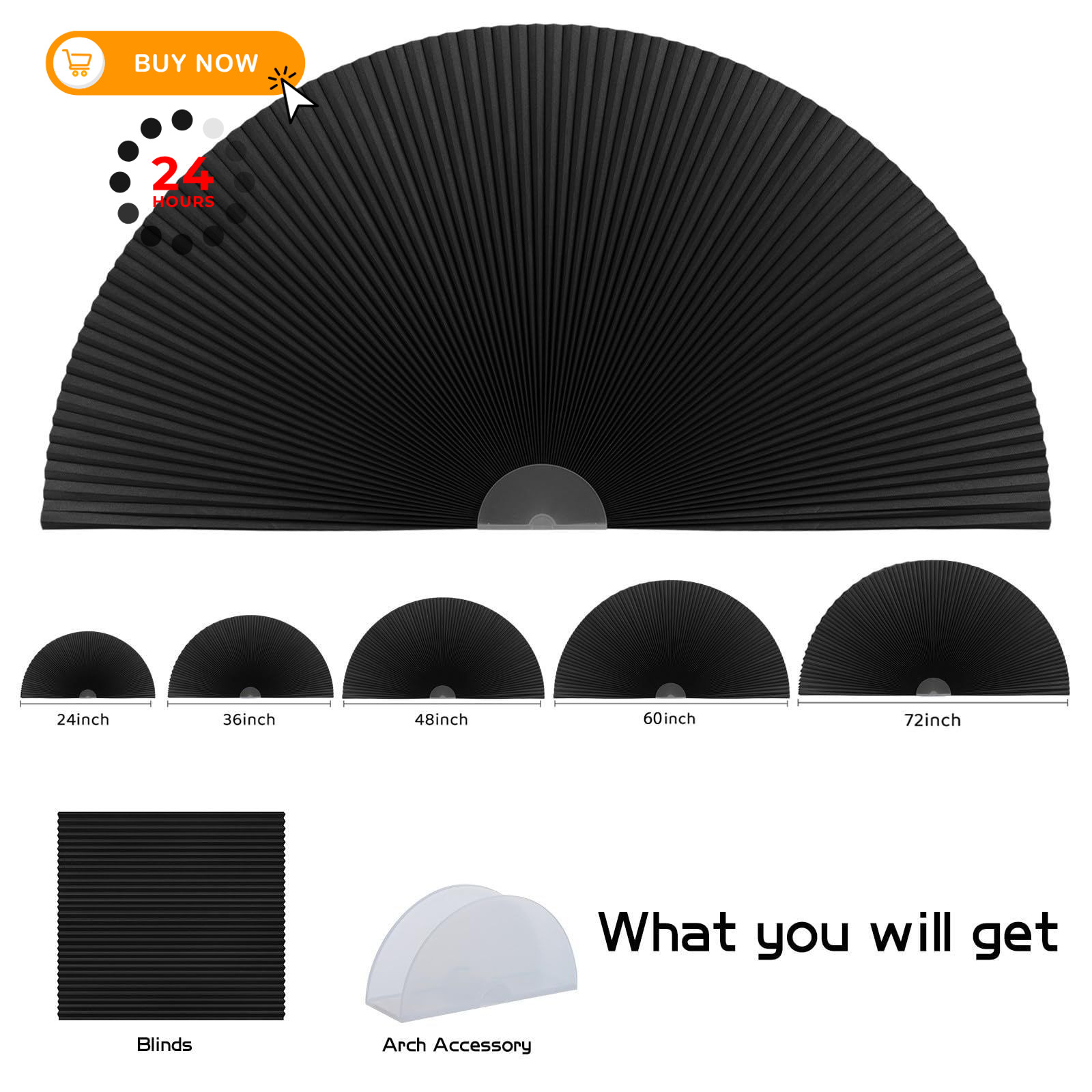 Arch Window Shade Blackout Cellular Shades Half Circle 24″W x 12″H, Black