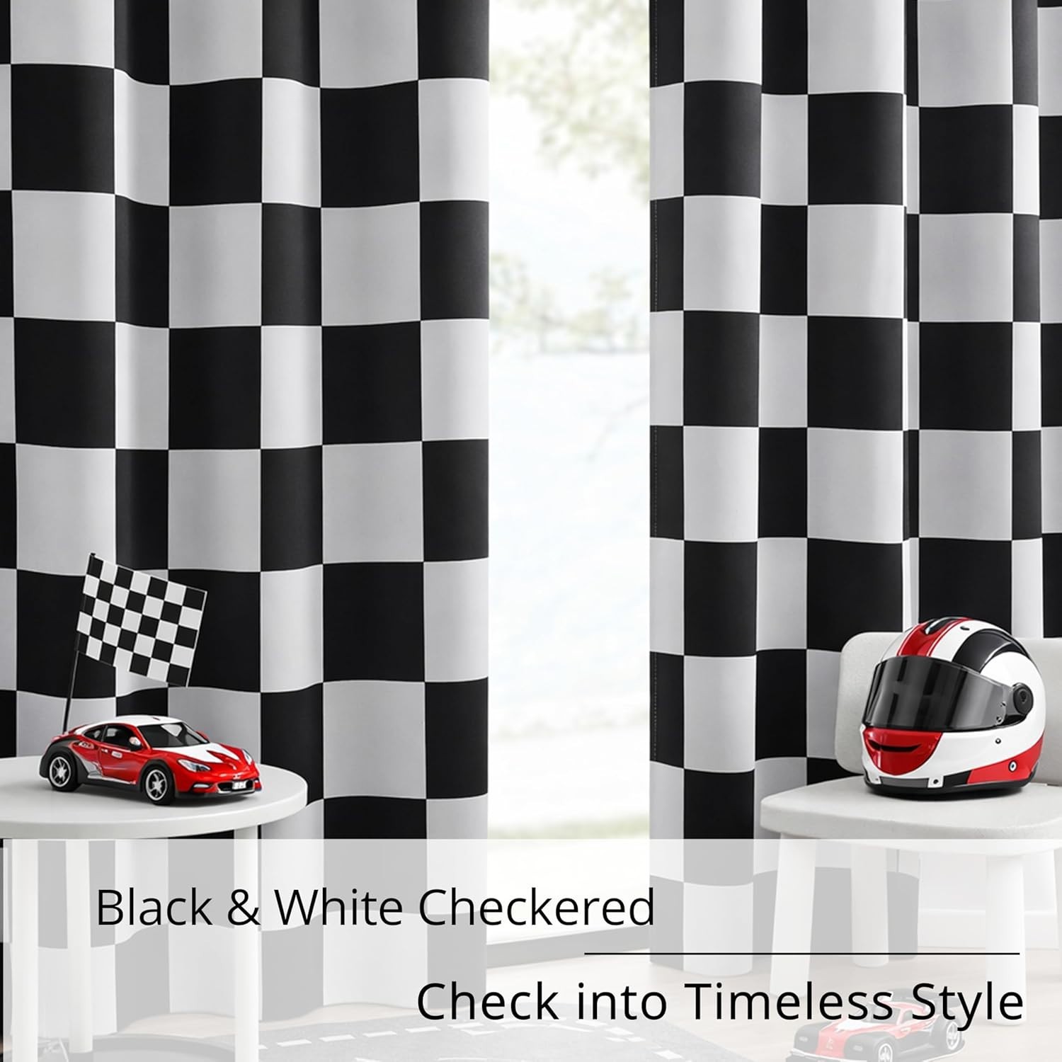 100% Blackout Curtains – Black and White Checkered Race Flag Pattern, 2 Pa