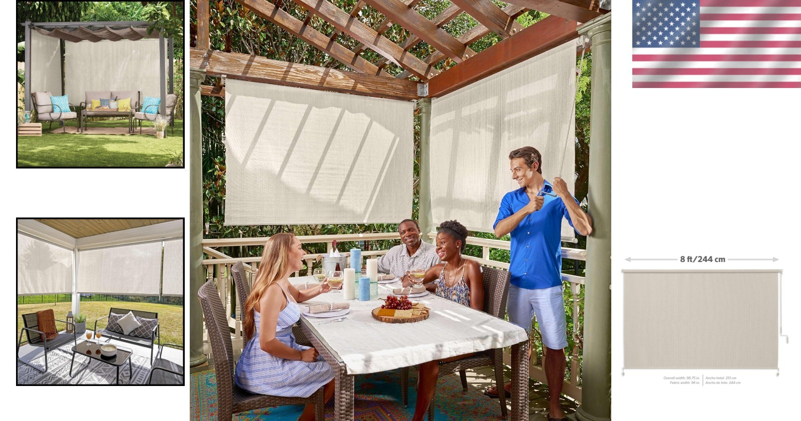 Breathable Outdoor Roller Shade with Wand – Fade-Resistant, Pebble, 8ft x 8ft