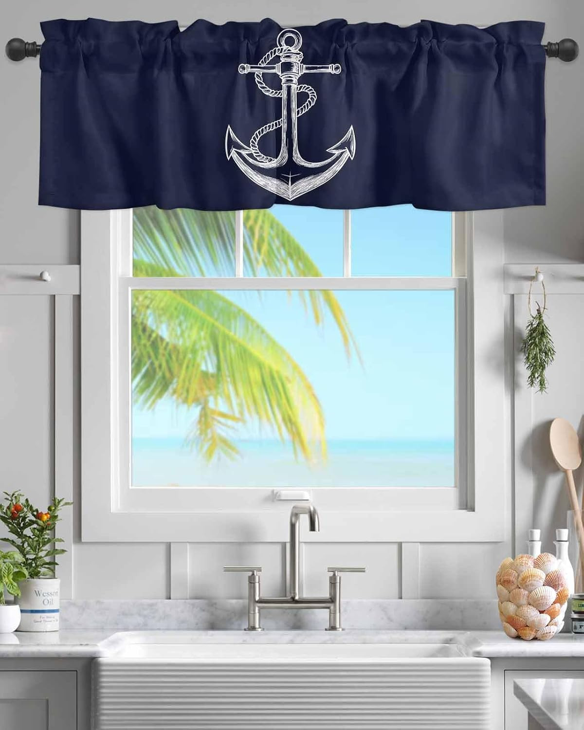Window Curtains Valances, Nautical Knot Anchor Illustration Minimalist Art Dark