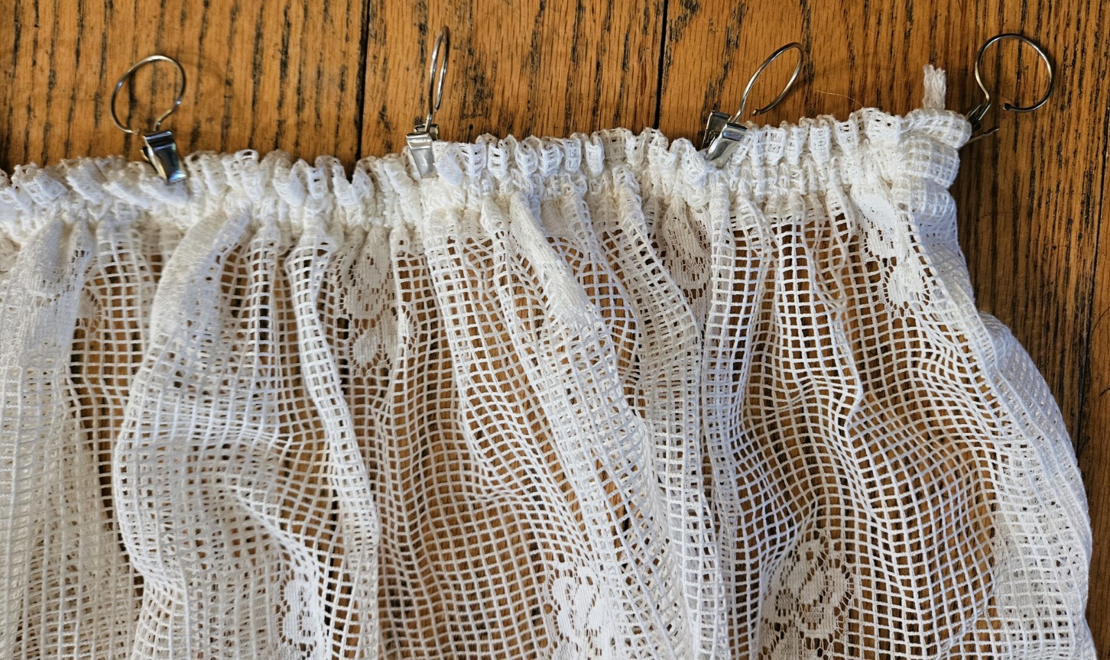 Vtg Off White Sheer Floral Lace Pattern (3) Curtain Panels 46″W*x56″L with Rings
