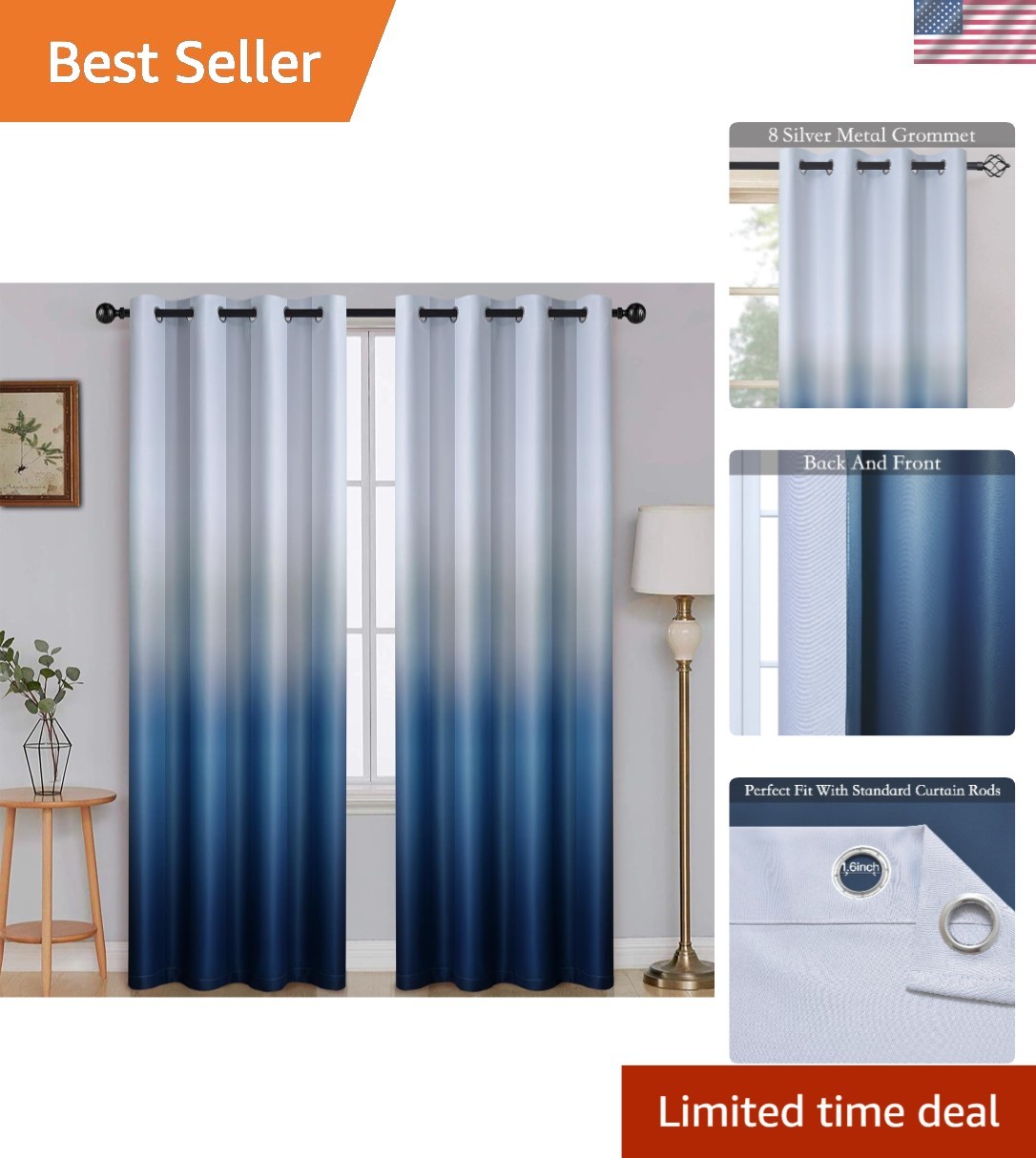 Decorative Ombre Floral Grommet Curtains – Blue to Gray 2 Panel Set 52″x90″