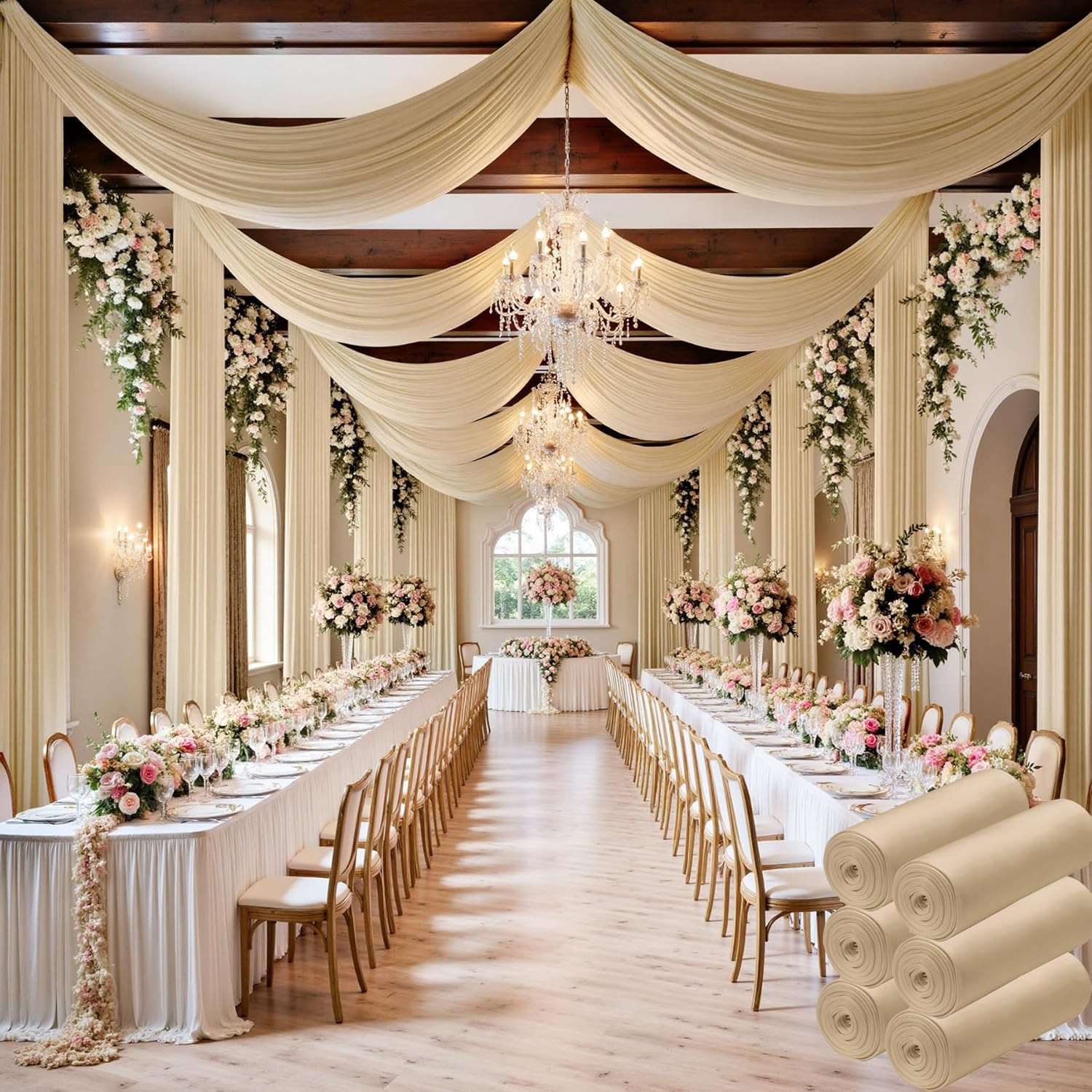 30 Ft×20 Ft Beige Ceiling Curtain Drapes for Weddings Parties,Wrinkle Free Polye