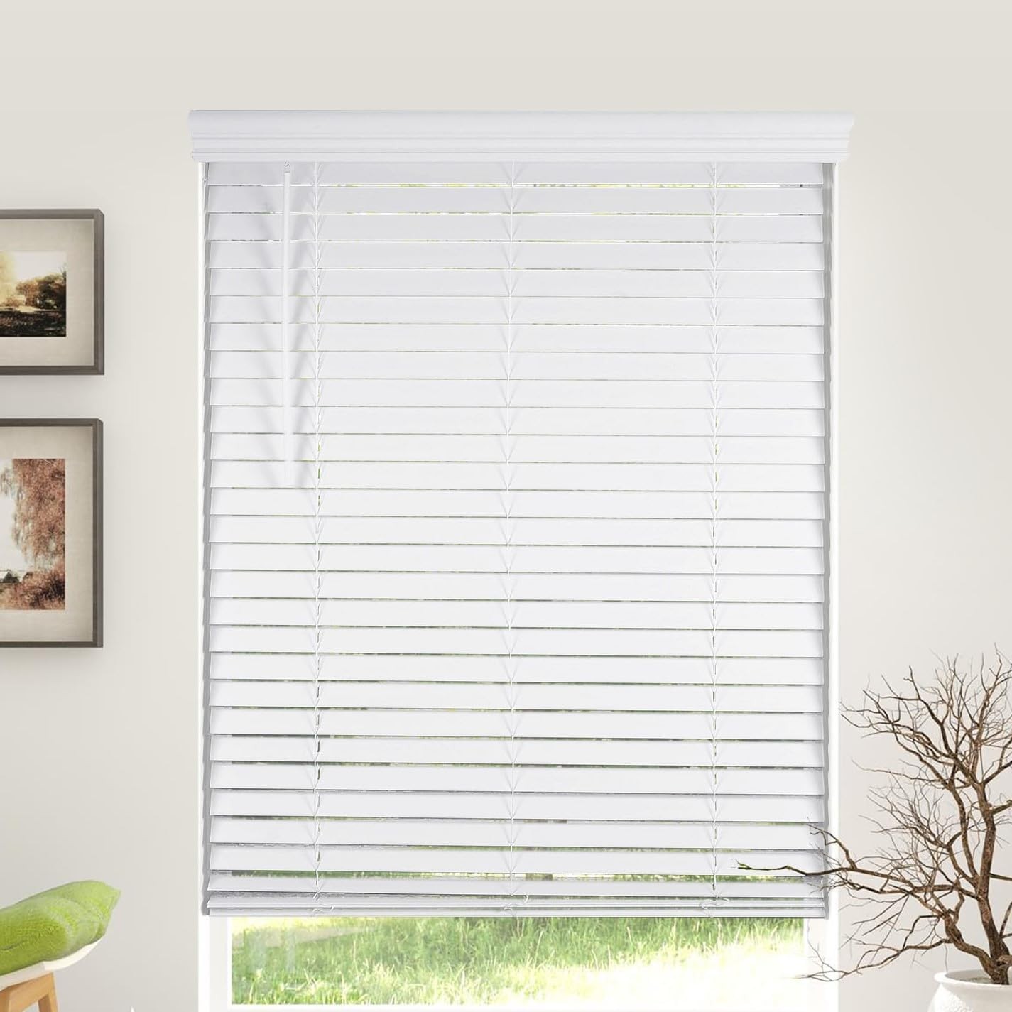 CALYX INTERIORS 2″ Slat Faux Wood Blind with Royal Valance, Cordless, 58.5″W x