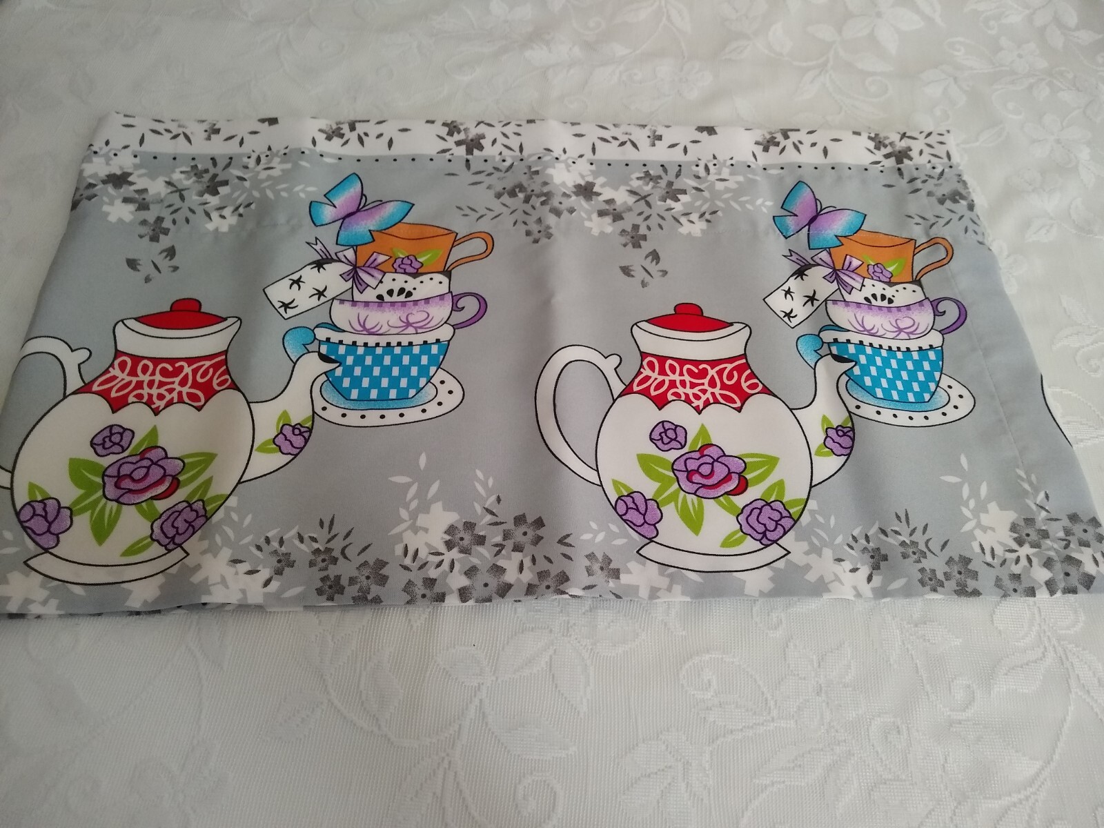 Teapot Kitchen Valance 12″ & 14″ Teacup Prints Teatime Lined Kitchen Valance