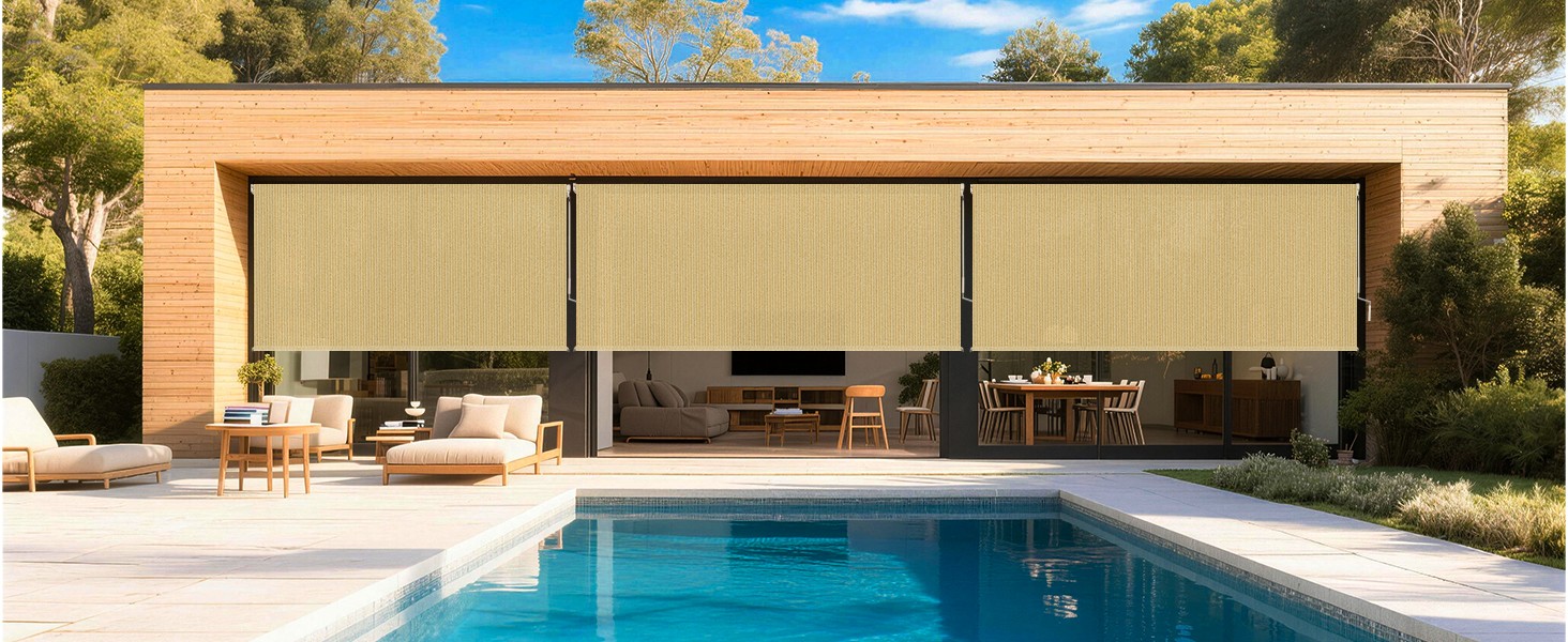 Outdoor Roller Shades for Patio, Mocha 10′ W x 8′ H Cordless Patio Shades Roll