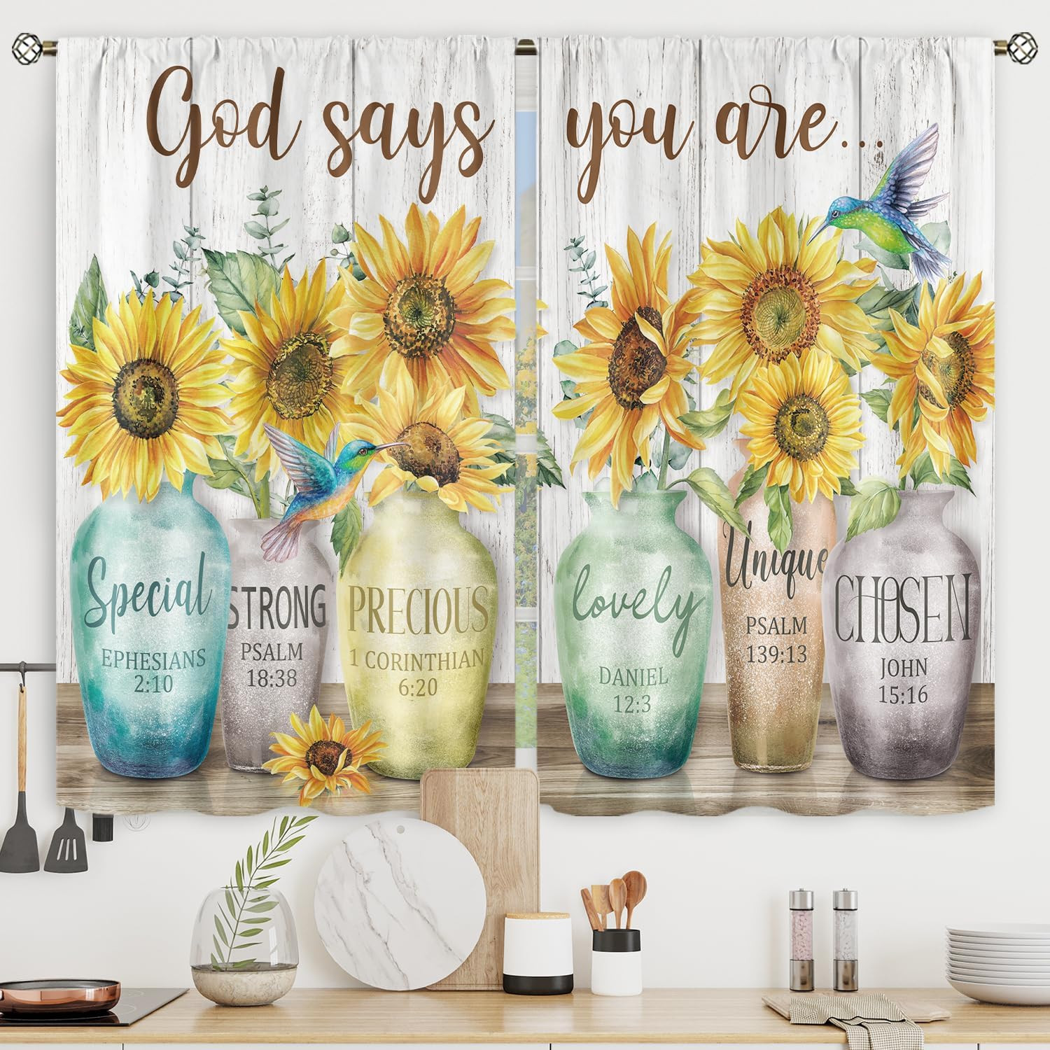 Sunflower Farmhouse Kitchen Curtains Rustic Floral Flower Blossom Vase Positive