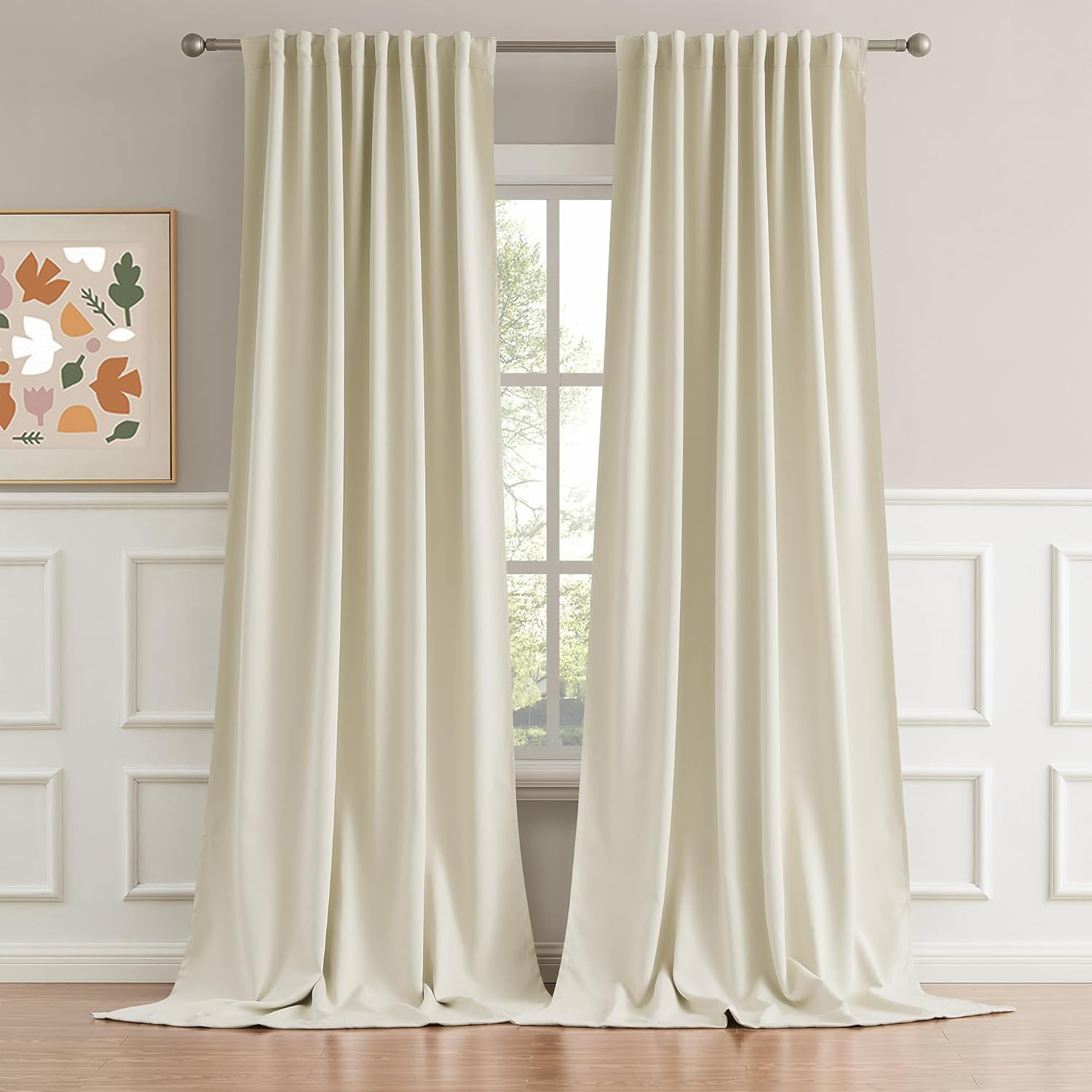 Extra Long Beige Faux Silk Curtains 132″ for High Ceilings – 2 Pcs Set