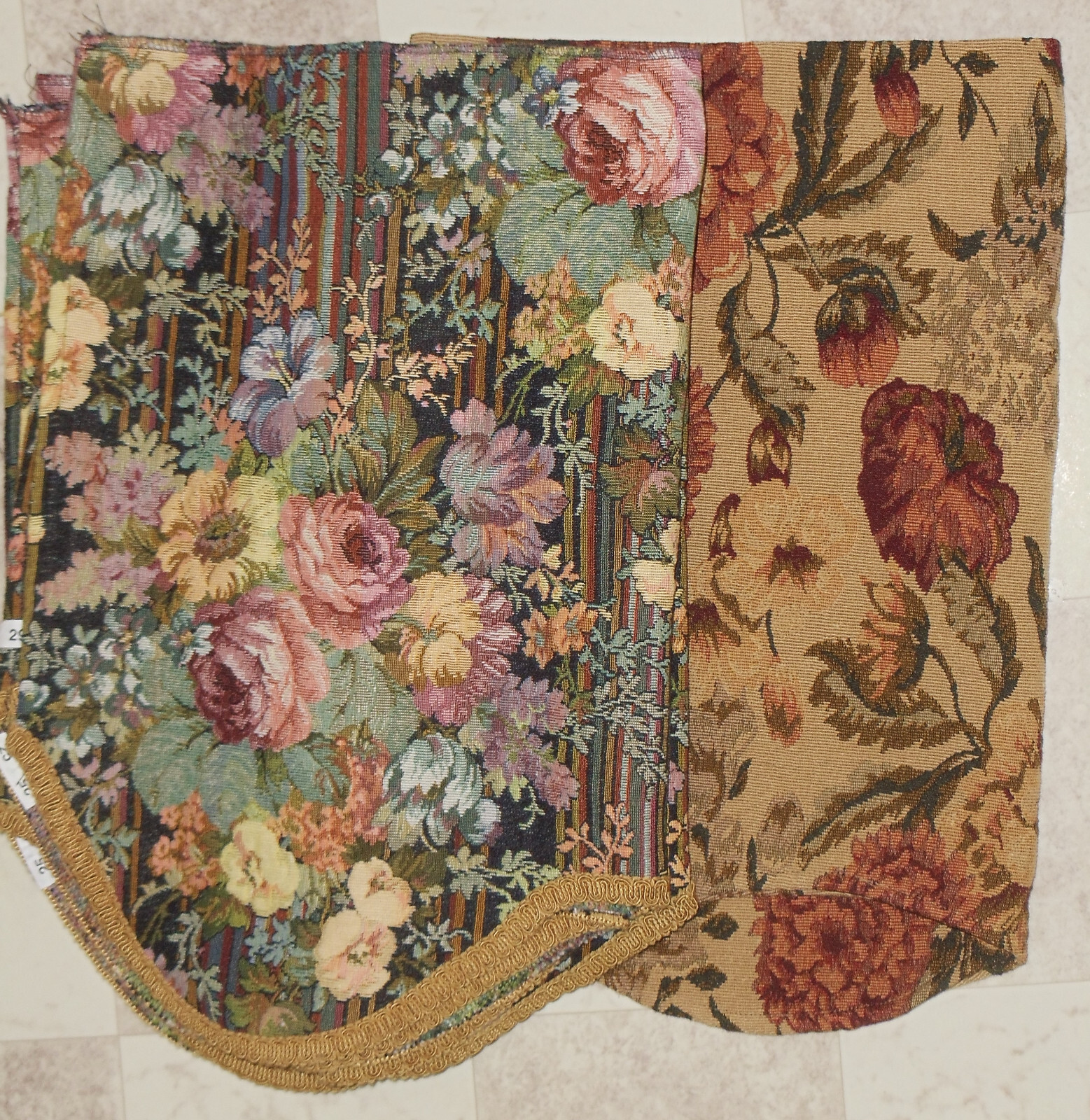 Tapestry fabric scalloped valances cabbage roses, lilies, floral and stripes