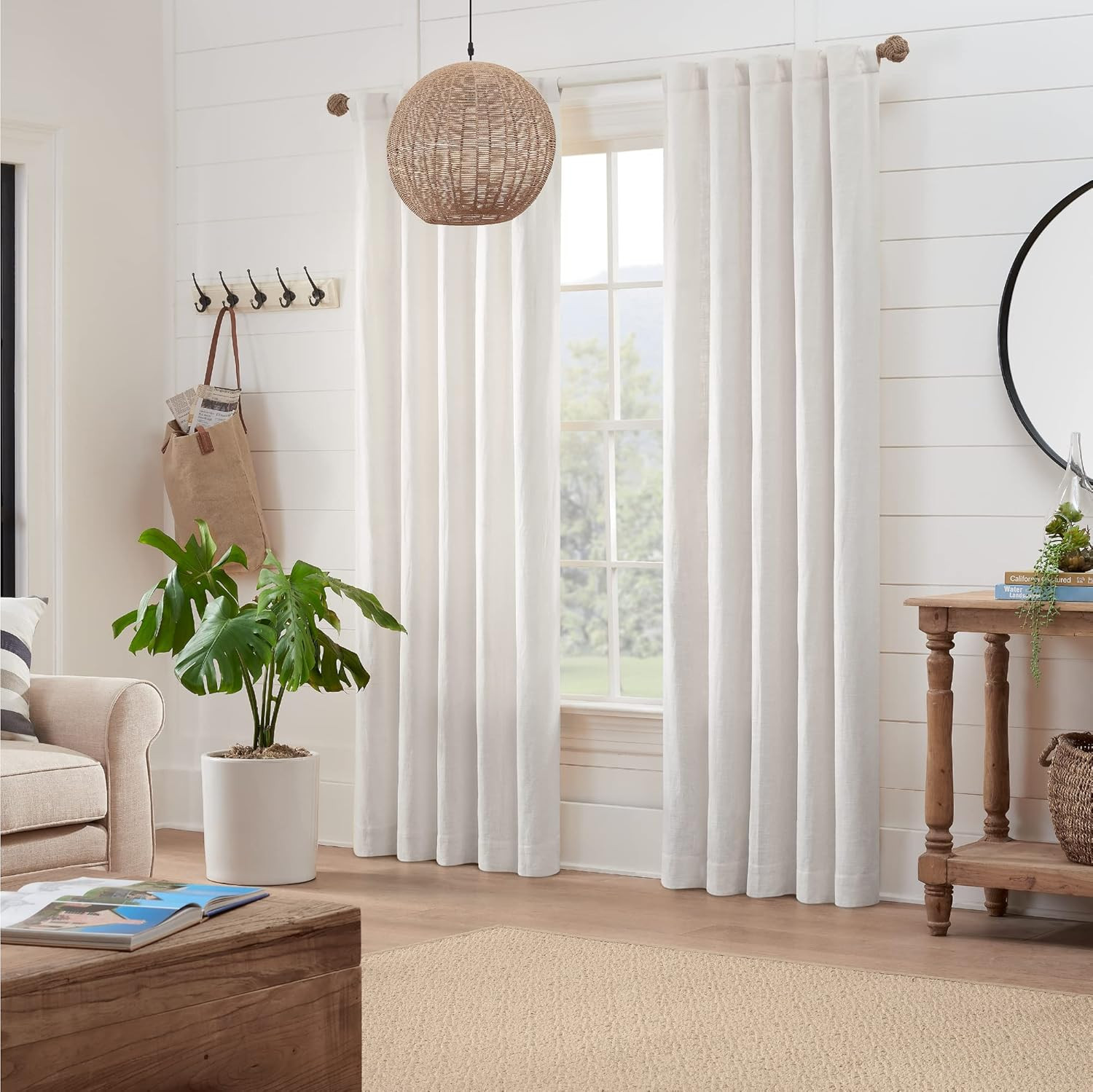 Coastal Jute Curtain Rod Set, 36”-72” Adjustable, Weathered White Finish