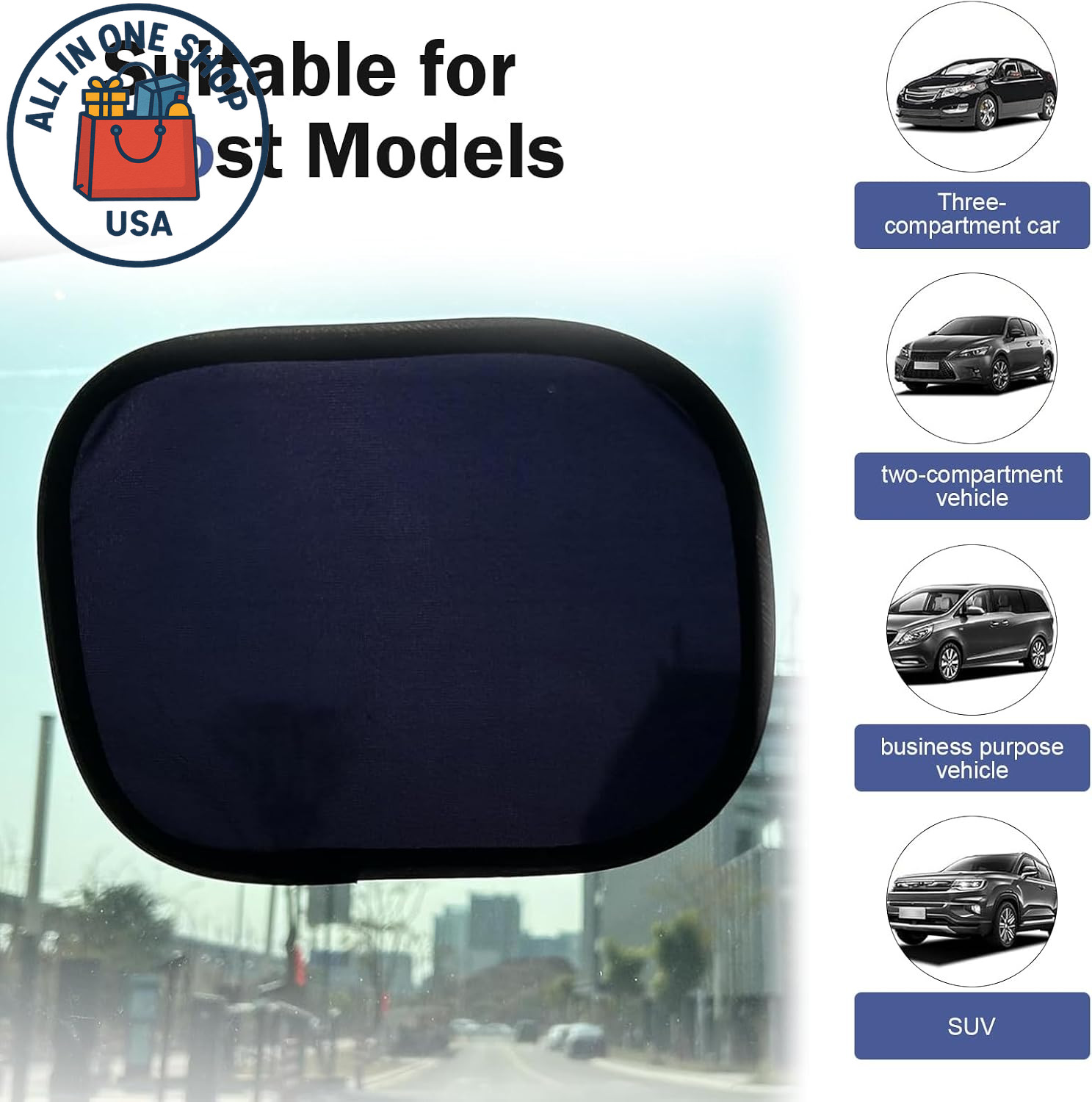 Static Cling Car Window Shades, Universal Sun Glare Protection (Black) 2-Pack