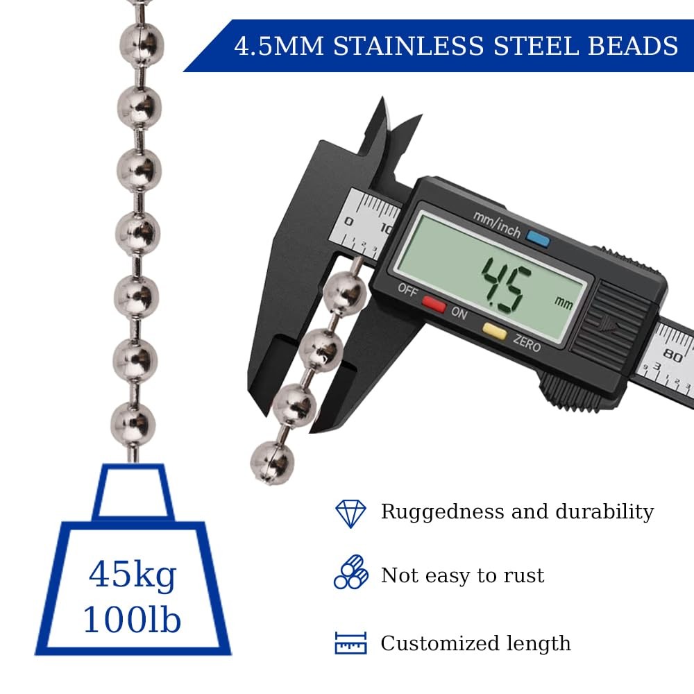 50ft Ball Bead Chain, #10 Stainless Steel Ball Chain, Roller Shade Chain&Vertica