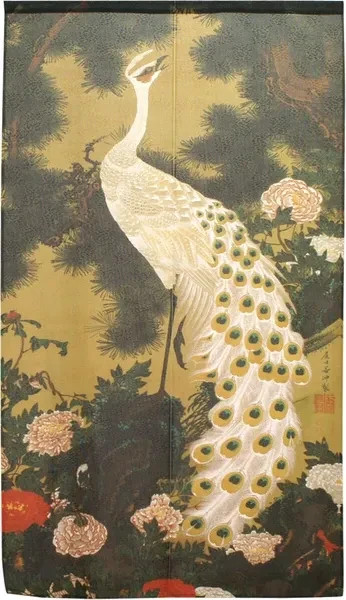 Japanese Vintage style Art Noren – “Old Pine and Peacock” Home Zen Decor Gift