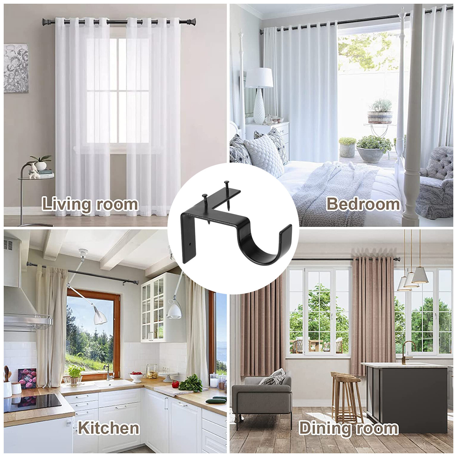 4PCS Bracket Hang Curtain Rod Holders Single Hook Right Into Window Frame Decor