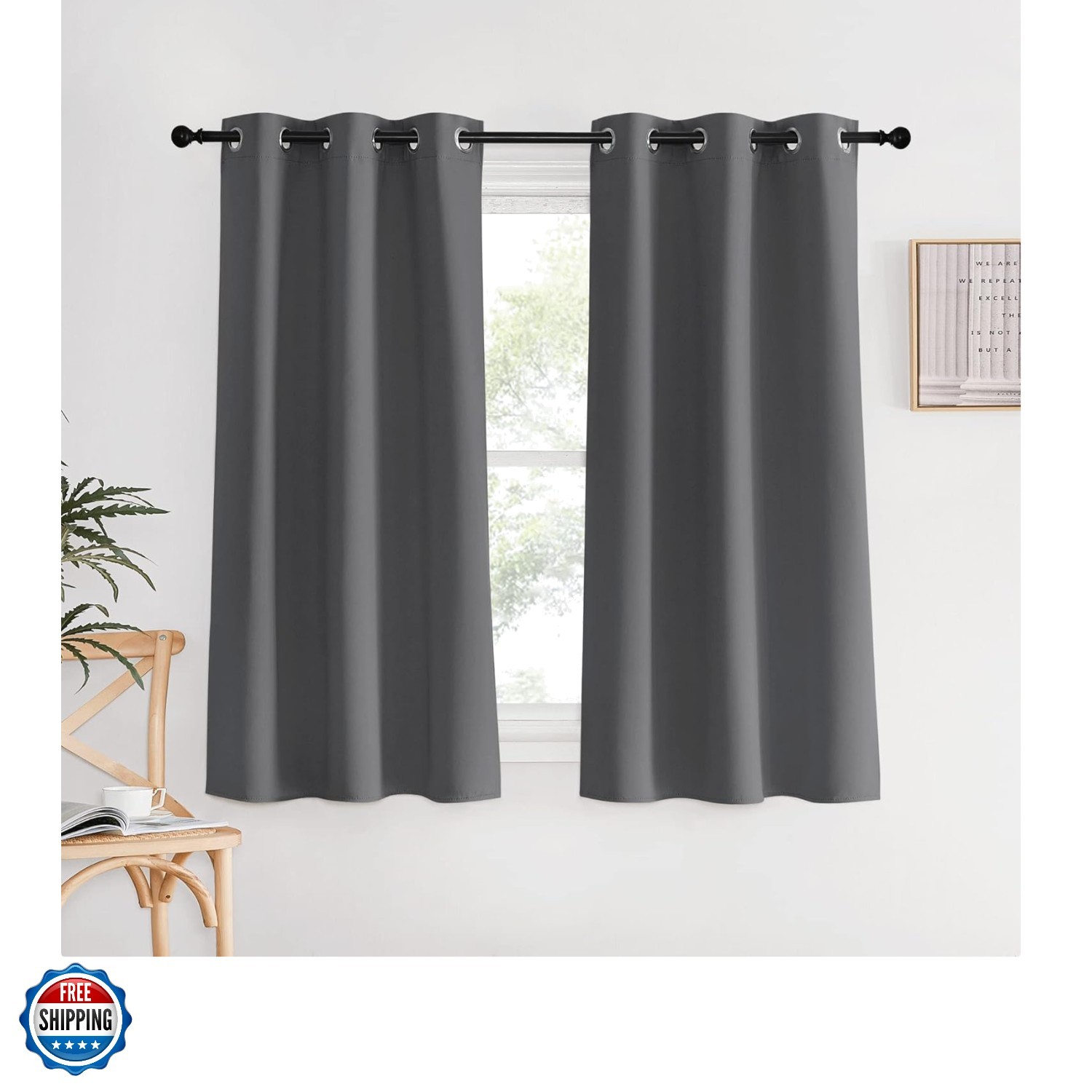 Blackout Window Curtains 60 inch Length 2 Panels, 34 x 60 Inch, Grey, Grommet…