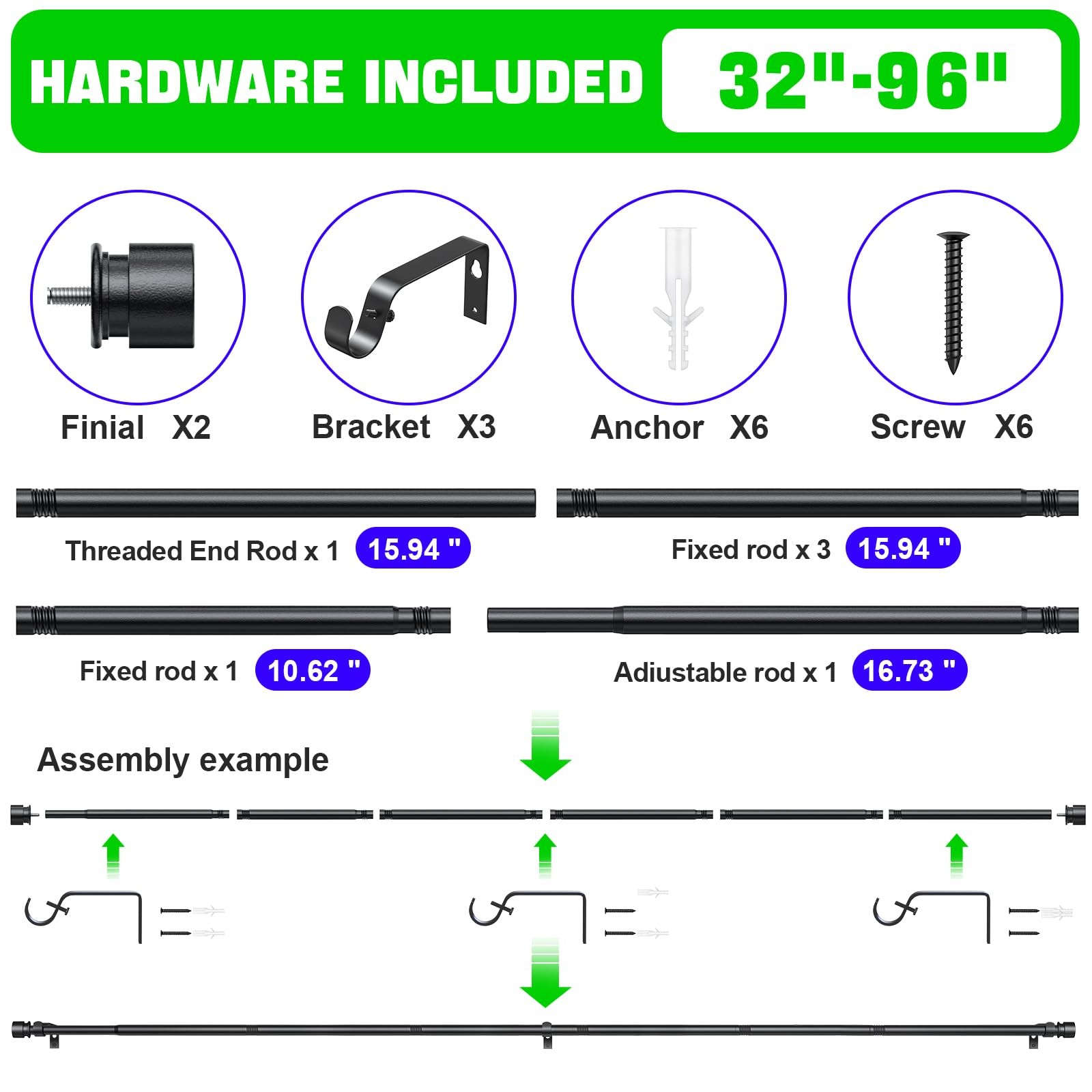 Huntype Curtain Rods for Windows 32 to 96 Inches – Black 1 Inch 32-96″,