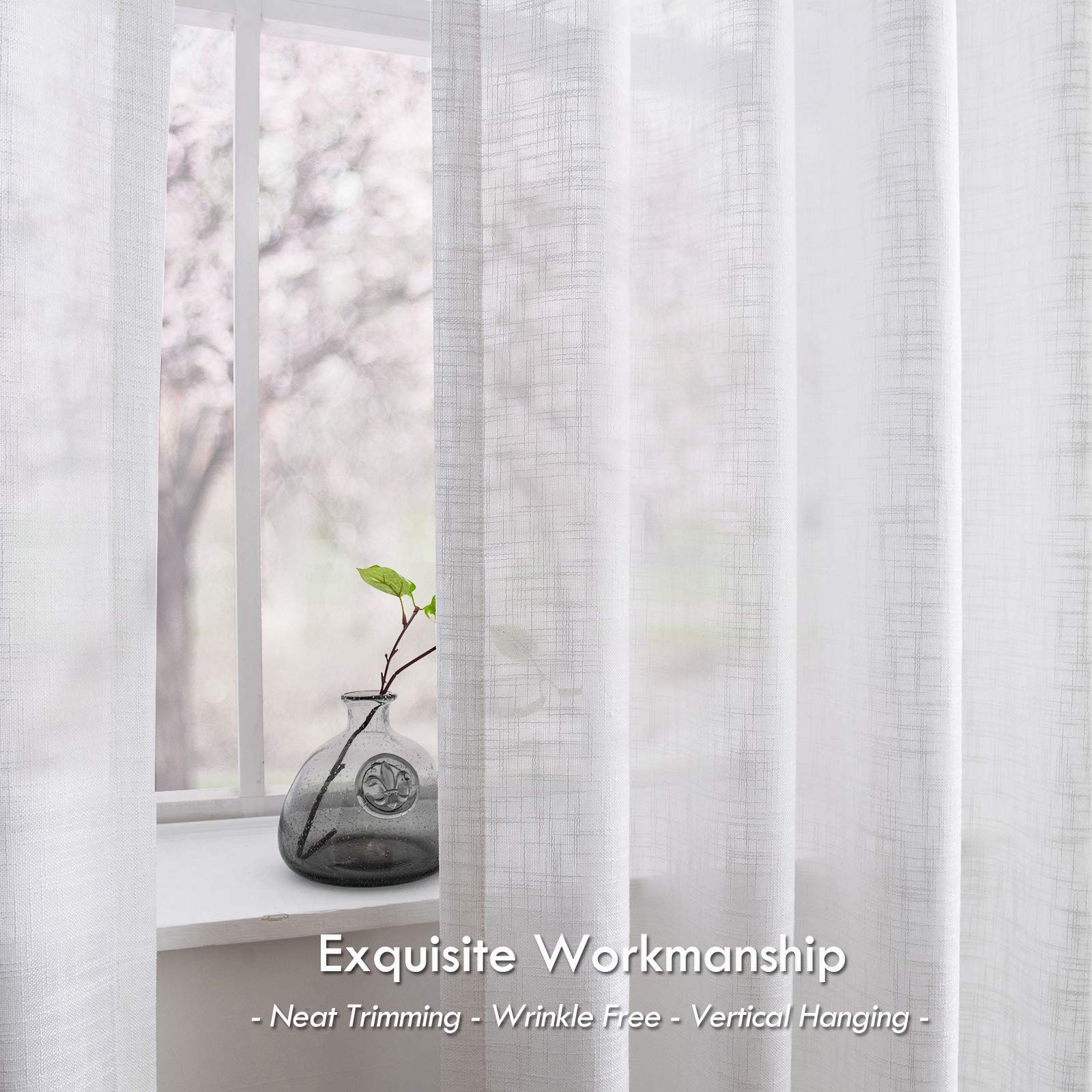 Melodieux White Linen Textured Semi Sheer Curtains 84 Inches Long For Living