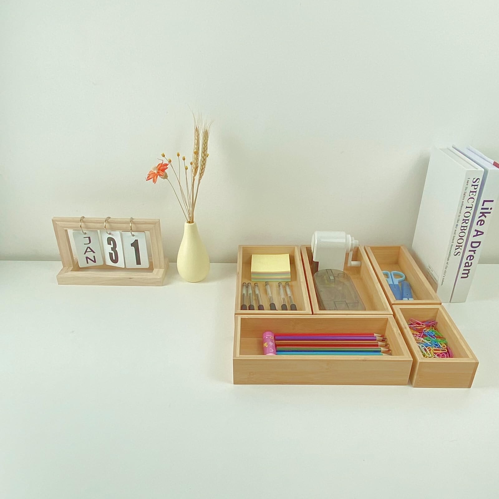 bamboo drawer organizer Set，expandable drawer dividers,wooden stora… Fa