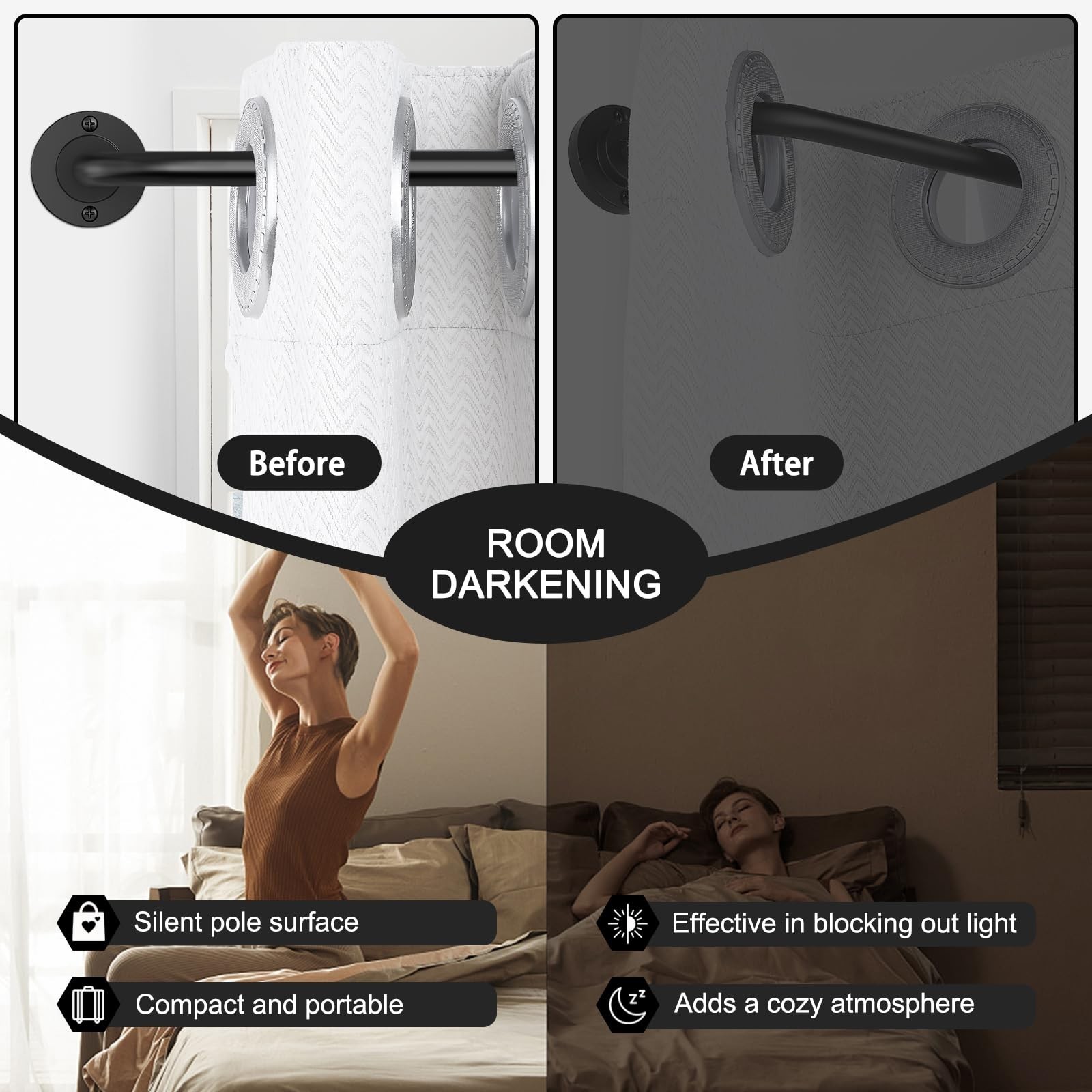 2 Pack Curtain Rods for Windows 28 to 48 inch, 5/8 Inch Black Curtain Rod, Ad…