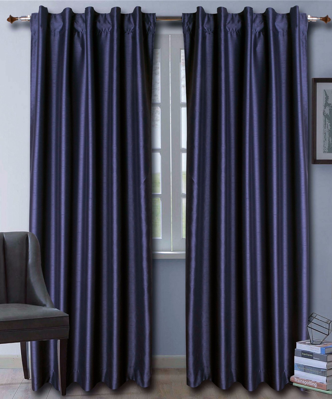 Dark Blue Faux Silk Dupioni Curtains with Lining, Select Top, Width & Length