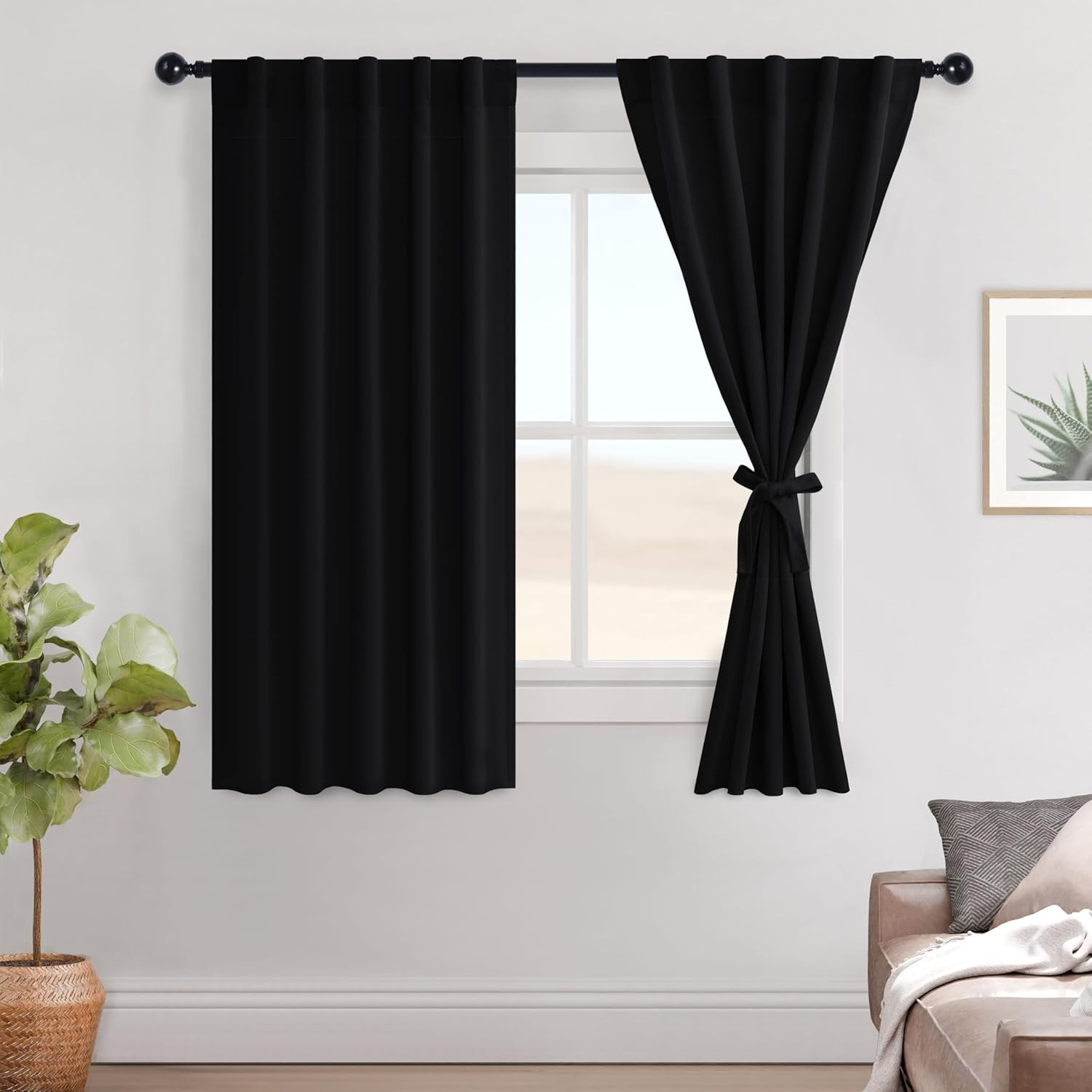 Hiasan Black Out Curtains 63 Inch Long Sewn with Tiebacks, Rod Pocket & Back Tab