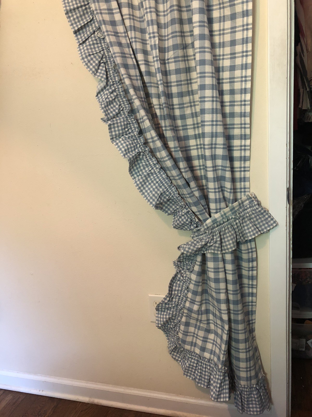 Cottagecore Set Of Curtains Blue White Plaid Ruffled Tab Top Each 80”L x 46”W